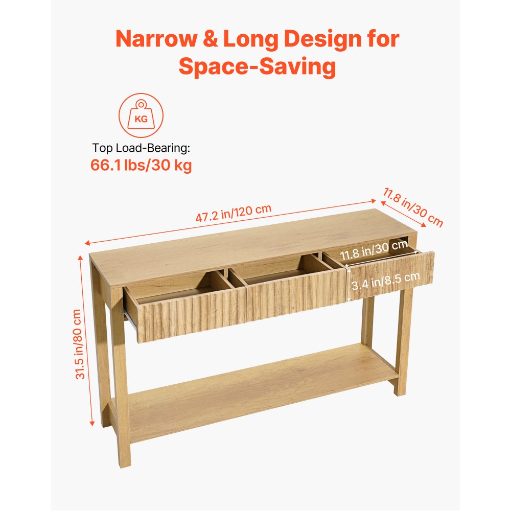 VEVOR Mesa Consola Rectangular Estrecha, con Cajones y Compartimento de Almacenamiento, MDF y Aglomerado, para Recibidor, Dormitorio, Salón, Vestíbulo o Recibidor, 120 x 30 x 80 cm, Madera Natural