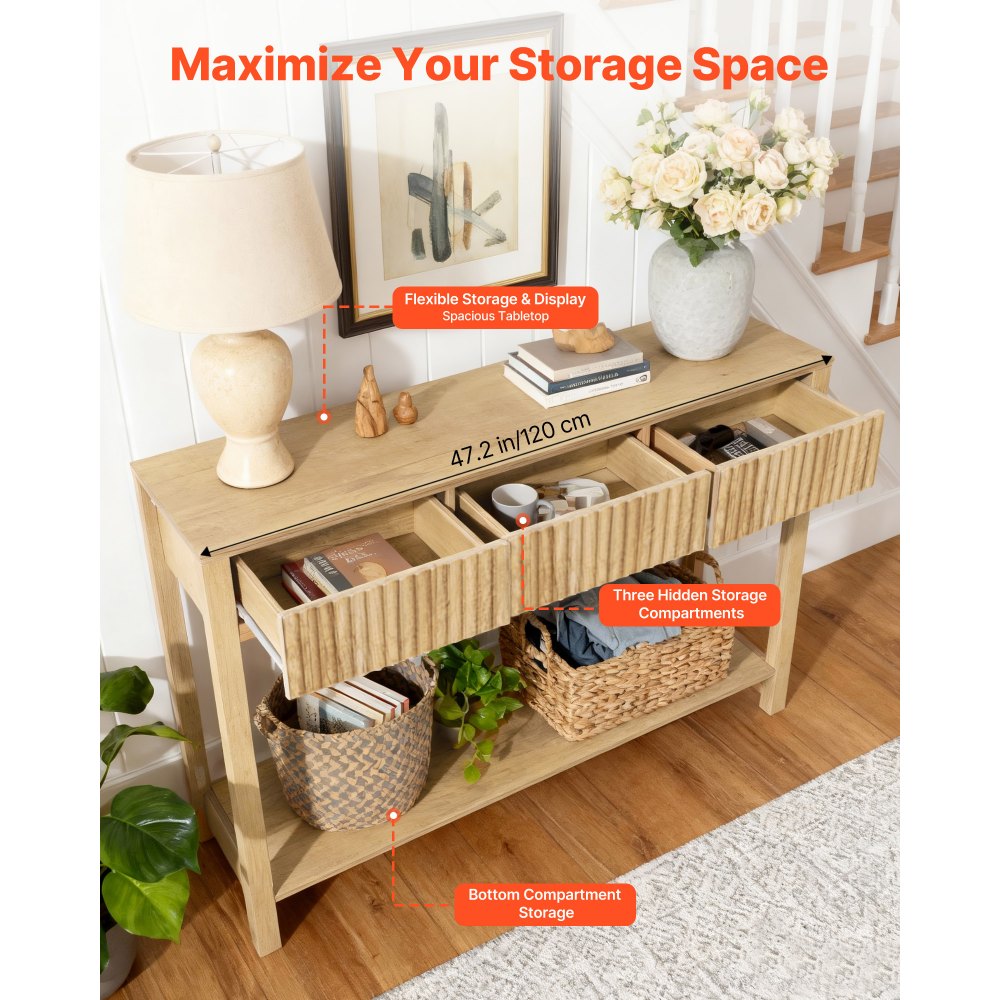 VEVOR Mesa Consola Rectangular Estrecha, con Cajones y Compartimento de Almacenamiento, MDF y Aglomerado, para Recibidor, Dormitorio, Salón, Vestíbulo o Recibidor, 120 x 30 x 80 cm, Madera Natural