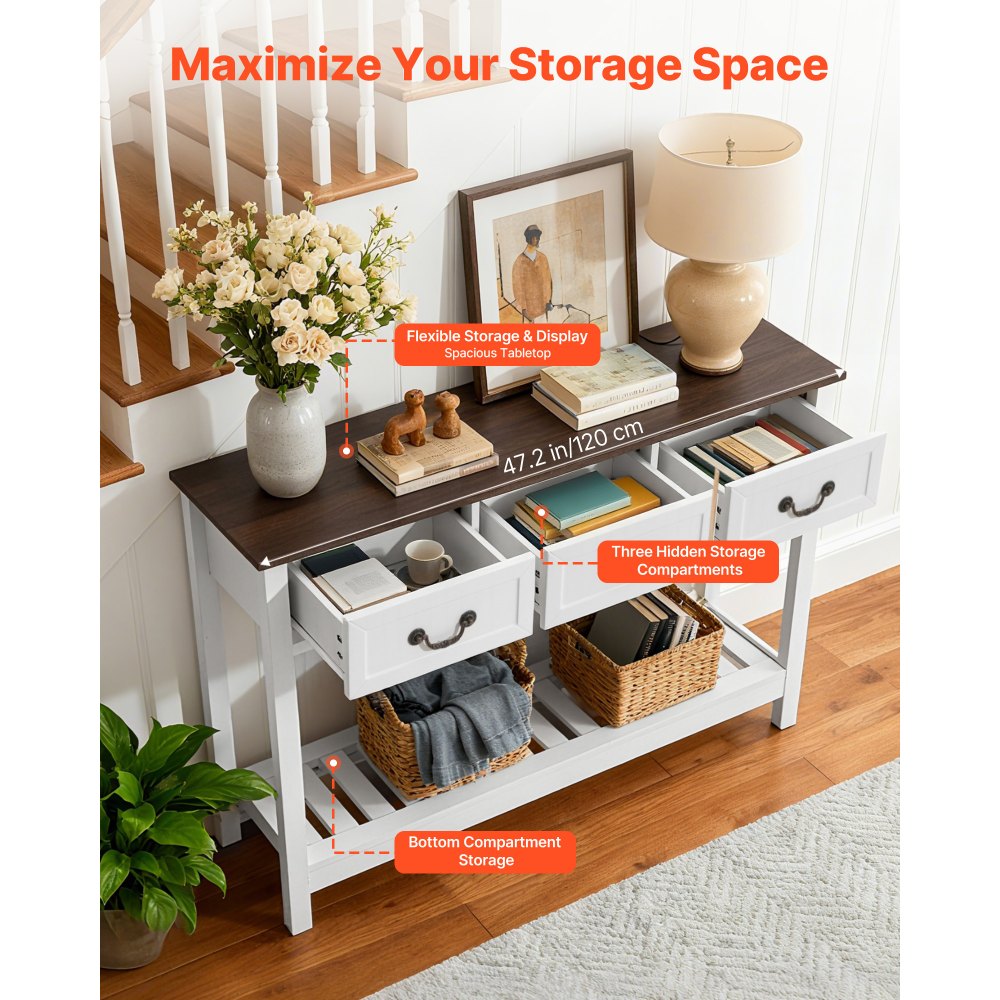 VEVOR Mesa Consola/Mesa Auxiliar Rectangular Estrecha, con Cajones y Compartimento de Almacenamiento, para Recibidor, Dormitorio, Salón, Vestíbulo o Recibidor, 120 x 30 x 80 cm, Marrón y Blanco