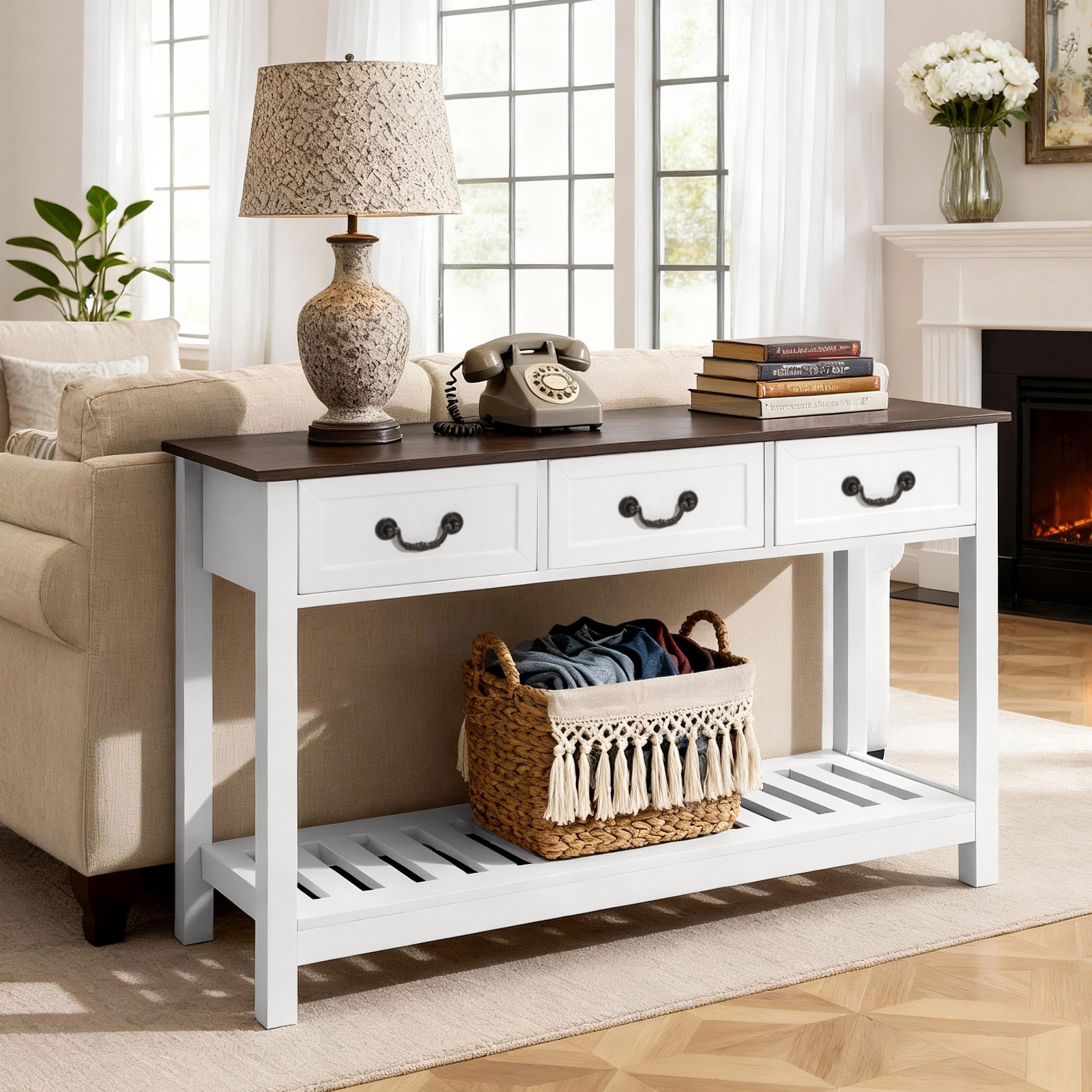 VEVOR Mesa Consola/Mesa Auxiliar Rectangular Estrecha, con Cajones y Compartimento de Almacenamiento, para Recibidor, Dormitorio, Salón, Vestíbulo o Recibidor, 120 x 30 x 80 cm, Marrón y Blanco