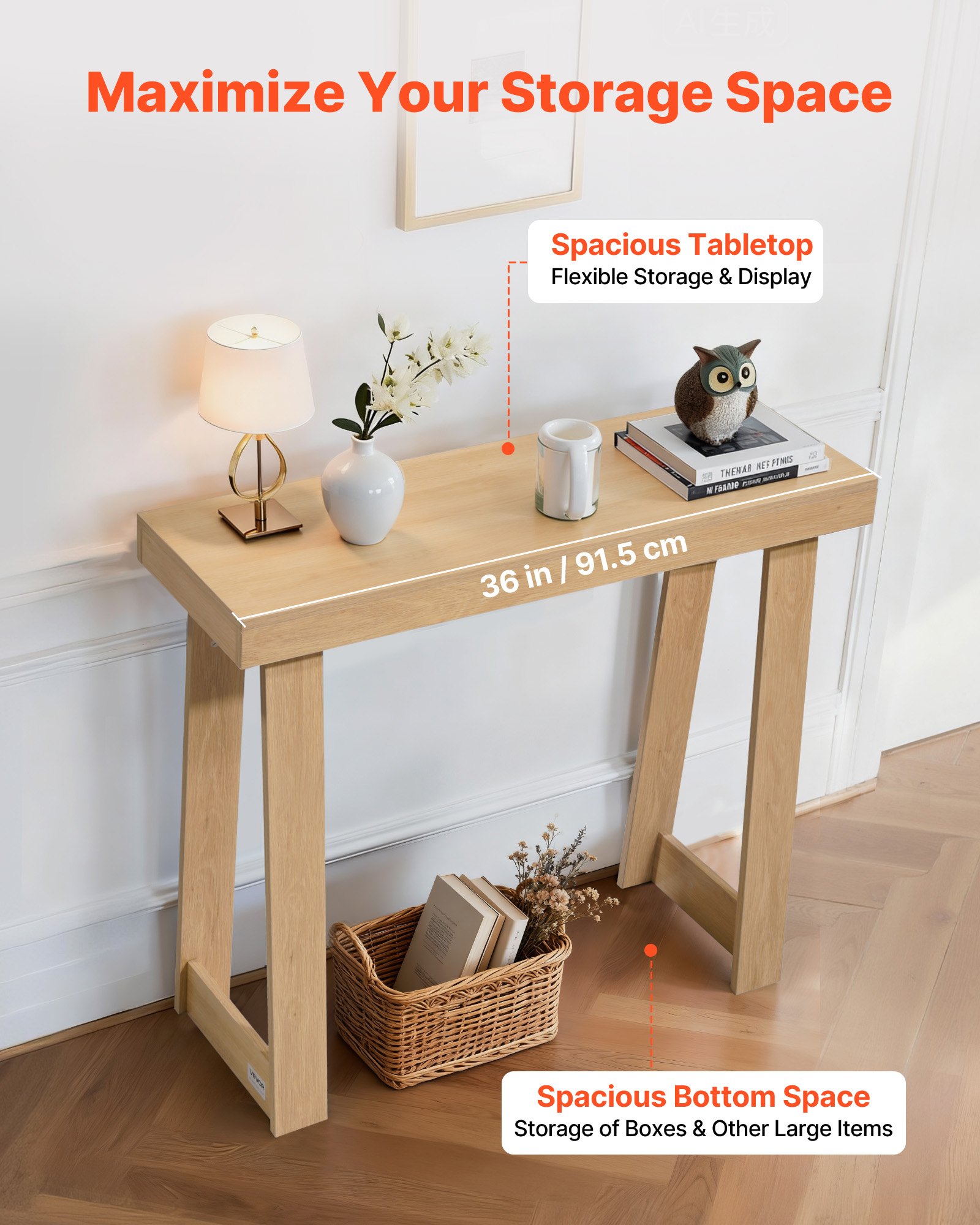 VEVOR 91.5 cm Console Table, Modern Desk Behind the Couch, Wooden Rectangle Entrance Desk, Narrow Long Sofa Table Accent Stand, Ideal for Hallway, Bedroom, Living Room, Foyer, Easy Assembly, Burlywood