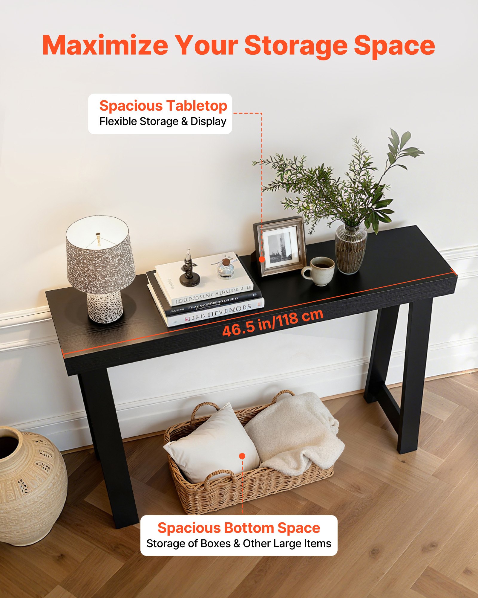 VEVOR Mesa Consola Moderna, Mesa Auxiliar Rectangular para Colocar Detrás del Sofá, 118 x 30,5 x 81 cm, Fabricada en Panel Multicapa, para Recibidor, Dormitorio, Sala de Estar, Negro, Carga 50 kg