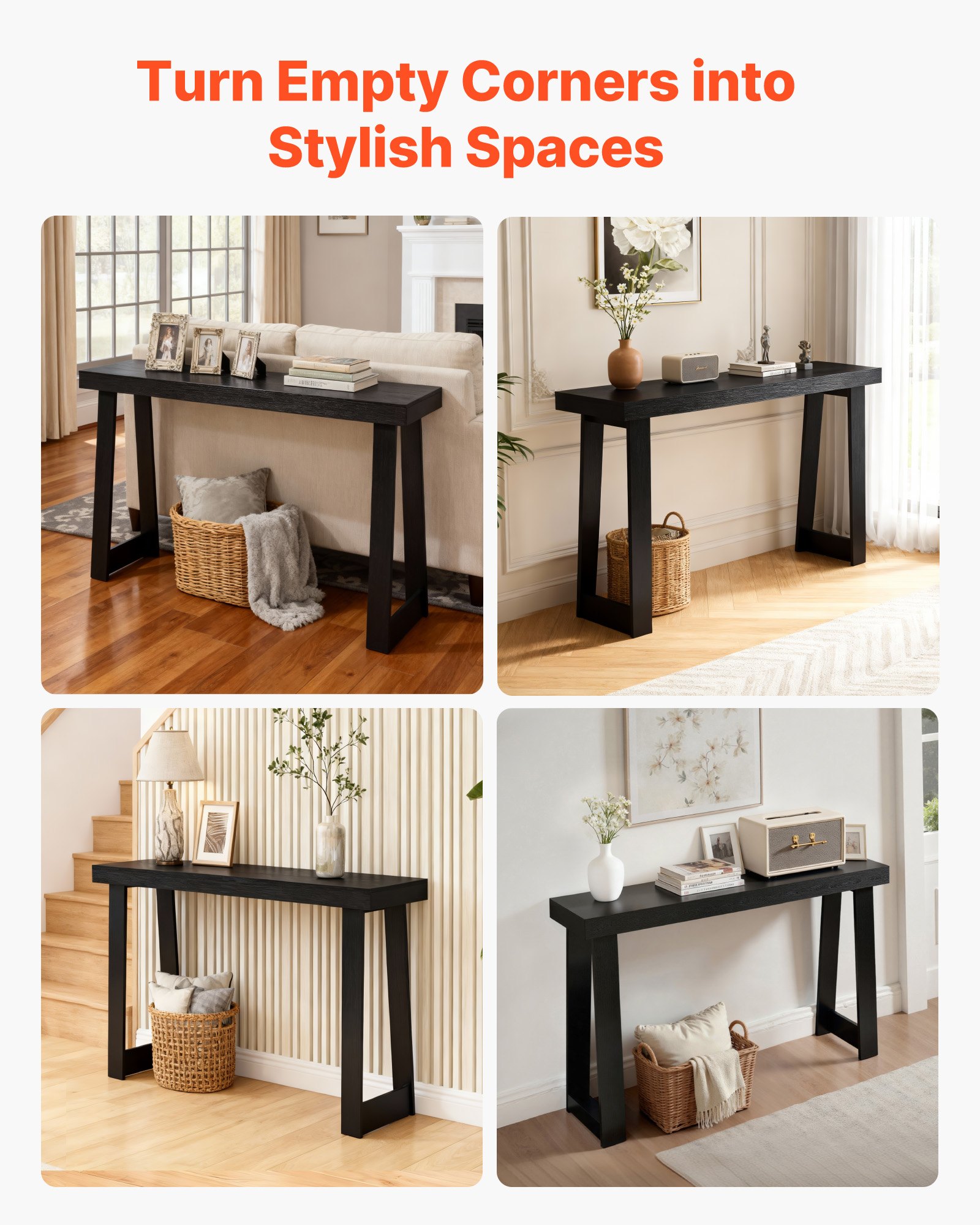 VEVOR Mesa Consola Moderna, Mesa Auxiliar Rectangular para Colocar Detrás del Sofá, 118 x 30,5 x 81 cm, Fabricada en Panel Multicapa, para Recibidor, Dormitorio, Sala de Estar, Negro, Carga 50 kg