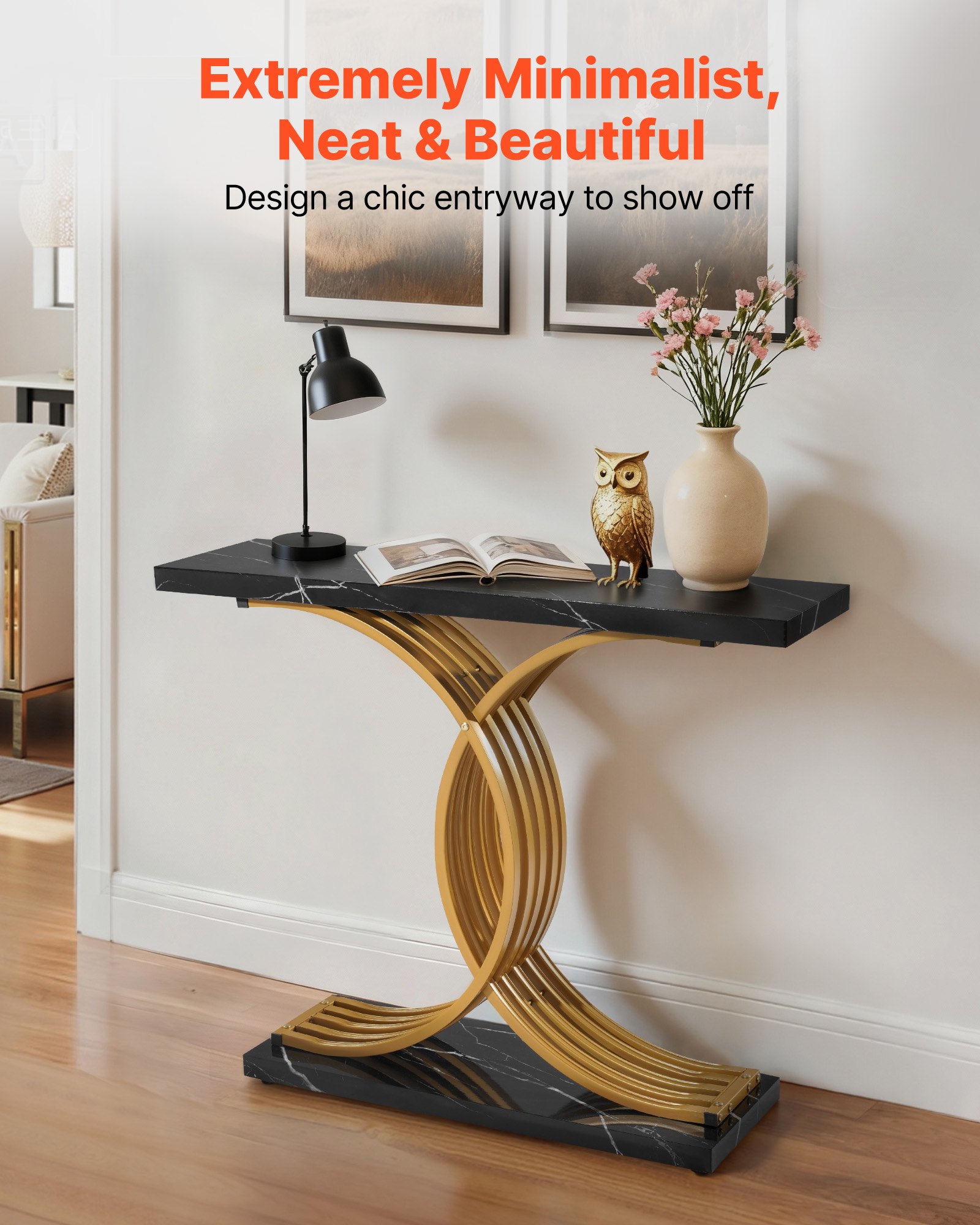 VEVOR Mesa Consola Moderna, Mesa Auxiliar Rectangular para Colocar Detrás del Sofá, 100 x 30 x 81 cm, Fabricada en MDF y Tubos de Acero, para Recibidor, Dormitorio, Sala de Estar, Negro y Dorado