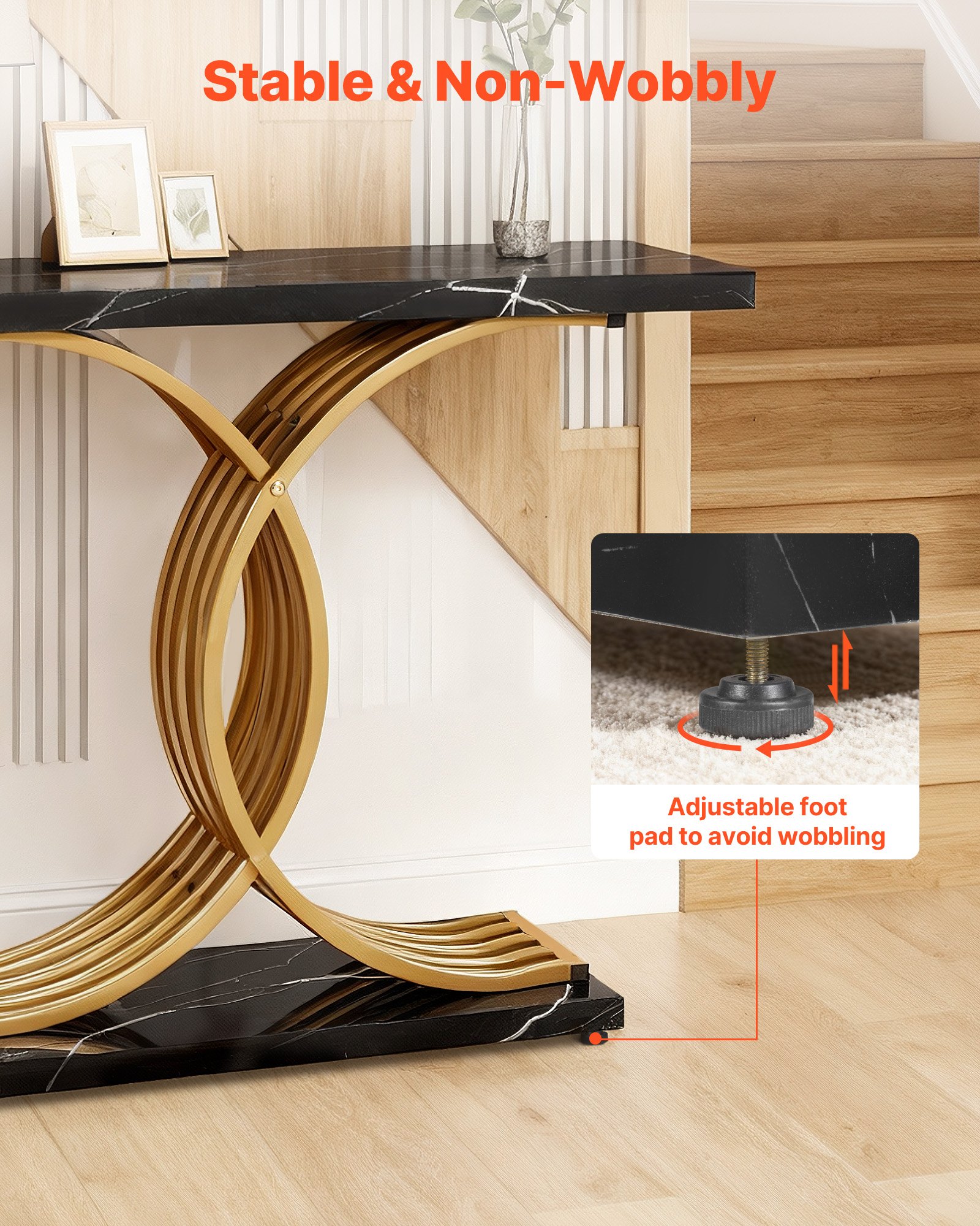 VEVOR Mesa Consola Moderna, Mesa Auxiliar Rectangular para Colocar Detrás del Sofá, 100 x 30 x 81 cm, Fabricada en MDF y Tubos de Acero, para Recibidor, Dormitorio, Sala de Estar, Negro y Dorado