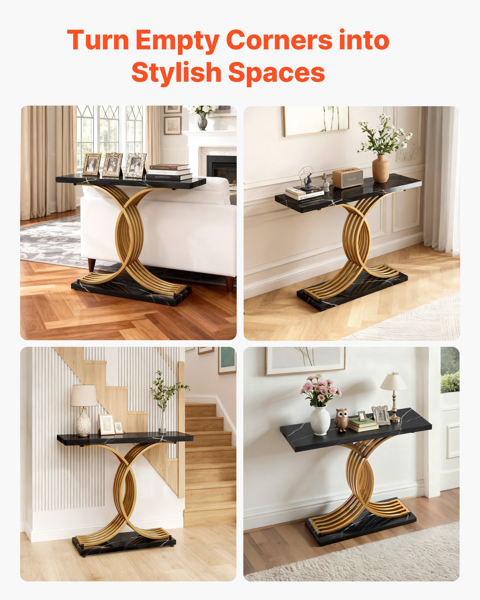 VEVOR Mesa Consola Moderna, Mesa Auxiliar Rectangular para Colocar Detrás del Sofá, 100 x 30 x 81 cm, Fabricada en MDF y Tubos de Acero, para Recibidor, Dormitorio, Sala de Estar, Negro y Dorado