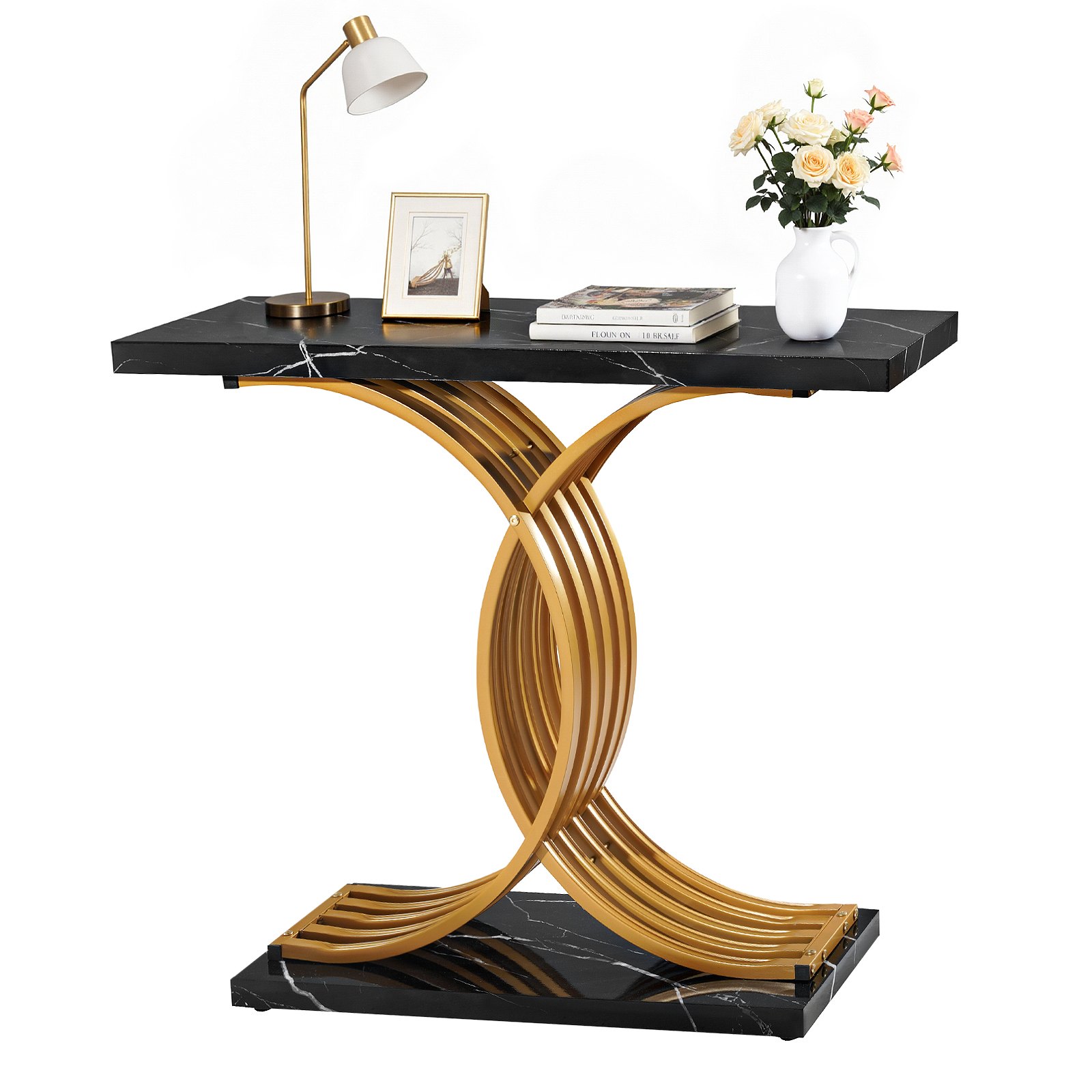 VEVOR Mesa Consola Moderna, Mesa Auxiliar Rectangular para Colocar Detrás del Sofá, 100 x 30 x 81 cm, Fabricada en MDF y Tubos de Acero, para Recibidor, Dormitorio, Sala de Estar, Negro y Dorado