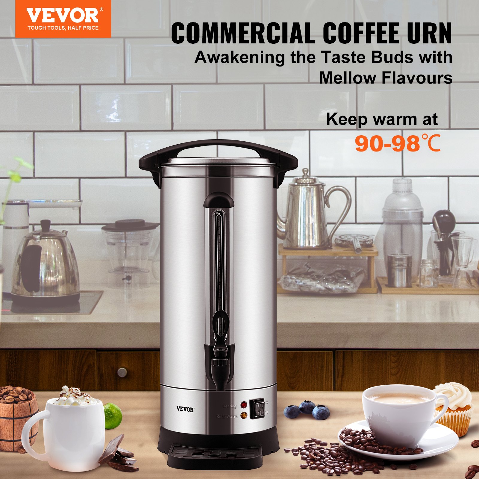 VEVOR Urna de Café Comercial de Acero Inoxidable para 110 Tazas urna para cafetera 1500W 220V Cafetera Eléctrica Urna Para Preparación Rápida Urna de Agua Caliente con Cable de Corriente Desmontable