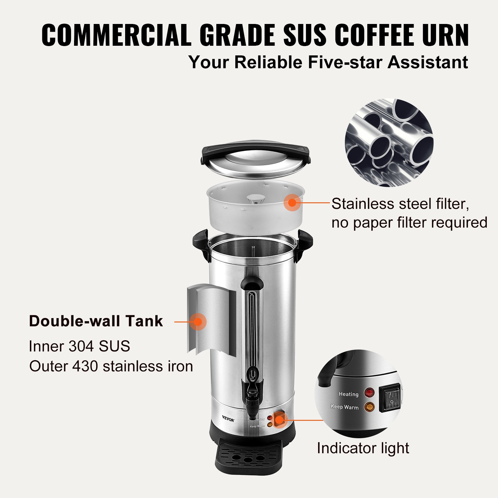 VEVOR Urna de Café Comercial de Acero Inoxidable para 110 Tazas urna para cafetera 1500W 220V Cafetera Eléctrica Urna Para Preparación Rápida Urna de Agua Caliente con Cable de Corriente Desmontable