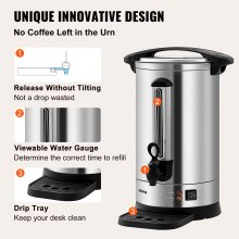 VEVOR Urna de Café Comercial de Acero Inoxidable para 65 Tazas urna para cafetera 1500W 220V Cafetera Eléctrica Urna Para Preparación Rápida Urna de Agua Caliente con Cable de Corriente Desmontable
