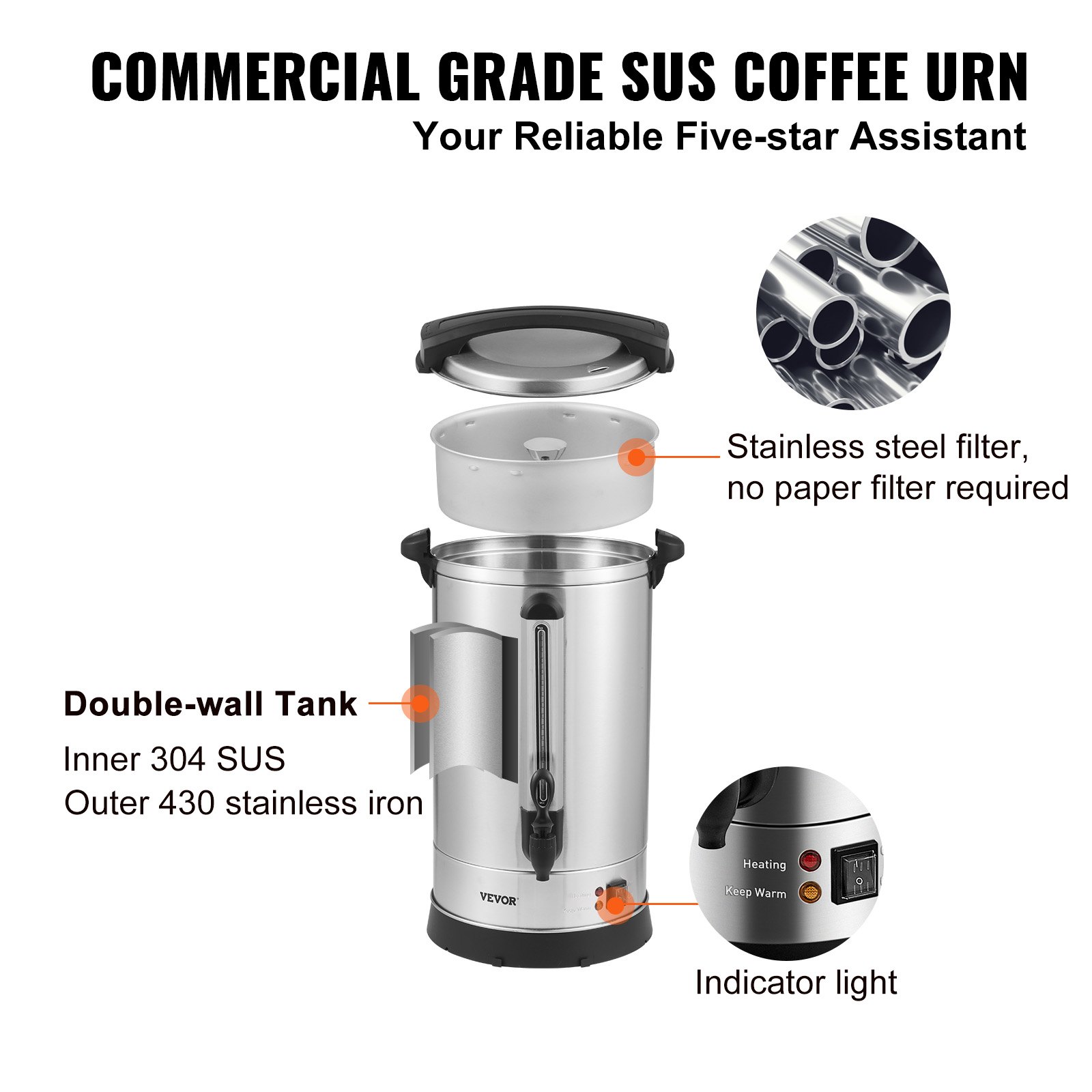 VEVOR Urna de Café Comercial de Acero Inoxidable para 65 Tazas urna para cafetera 1500W 220V Cafetera Eléctrica Urna Para Preparación Rápida Urna de Agua Caliente con Cable de Corriente Desmontable