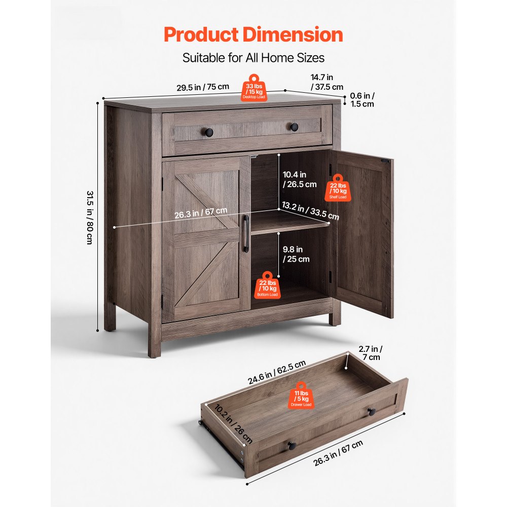 VEVOR Aparador de Cocina 75 x 37,5 x 80 cm, Mueble Auxiliar con Cajón Estantes Ajustables, Estilo Casa de Campo, Dispositivo Antivuelco, Armario de Almacenamiento para Salón Entrada Comedor, Gris
