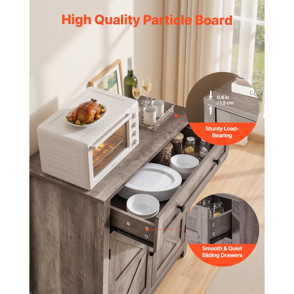 VEVOR Aparador de Cocina 75 x 37,5 x 80 cm, Mueble Auxiliar con Cajón Estantes Ajustables, Estilo Casa de Campo, Dispositivo Antivuelco, Armario de Almacenamiento para Salón Entrada Comedor, Gris