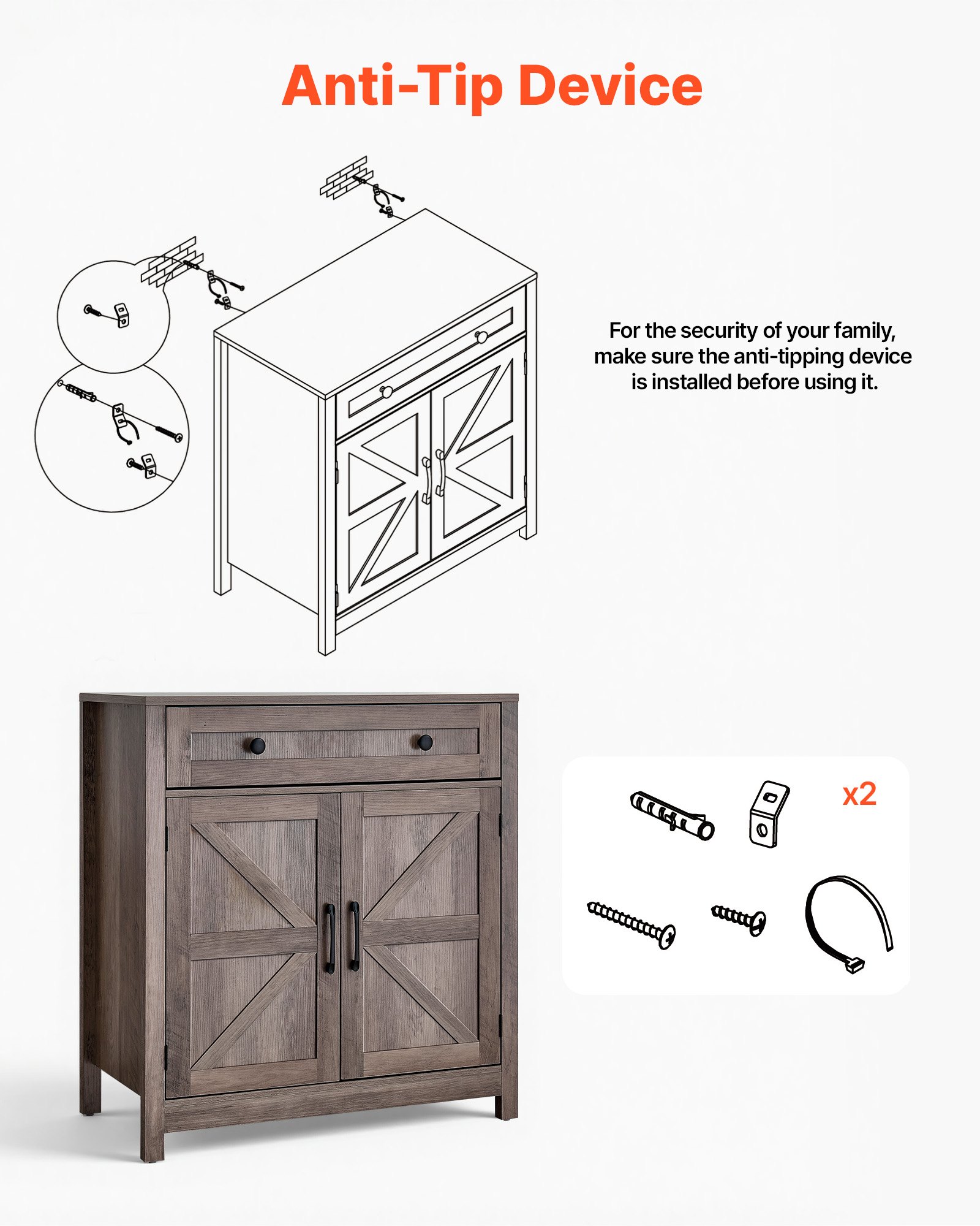 VEVOR Aparador de Cocina 75 x 37,5 x 80 cm, Mueble Auxiliar con Cajón Estantes Ajustables, Estilo Casa de Campo, Dispositivo Antivuelco, Armario de Almacenamiento para Salón Entrada Comedor, Gris