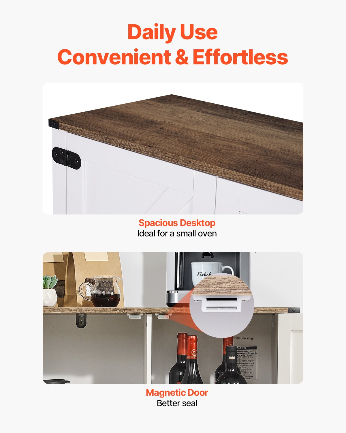 VEVOR Mueble Bar de Café Estilo Rústico de 80 x 35 x 80 cm con Almacenamiento de 3 Niveles, Mesa de Bar de Café Móvil con Puertas Magnéticas, Aparador Tipo Buffet para Sala de Estar, Marrón y Blanco