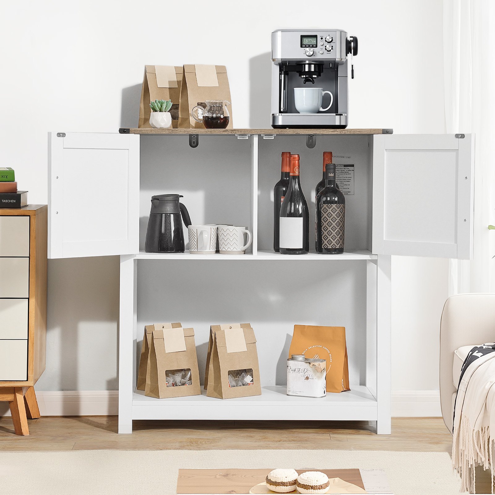 VEVOR Mueble Bar de Café Estilo Rústico de 80 x 35 x 80 cm con Almacenamiento de 3 Niveles, Mesa de Bar de Café Móvil con Puertas Magnéticas, Aparador Tipo Buffet para Sala de Estar, Marrón y Blanco