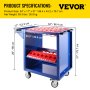 Carro de herramientas VEVOR con ranuras de almacenamiento rojas, cuatro ruedas y dimensiones del producto mostradas.