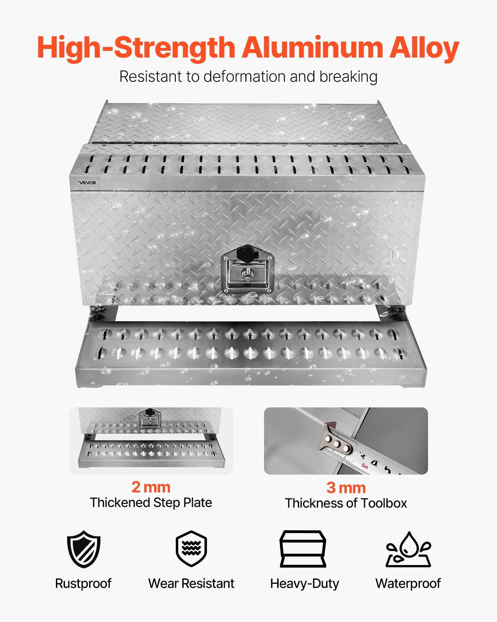 VEVOR Caja de Herramientas para Camiones con Escalón 760 x 750 x 400 mm de Aluminio Resistente, con Placa de Diamante, Pestillo Amortiguador Pasos Estables para Plataforma, Grúa, Semirremolque