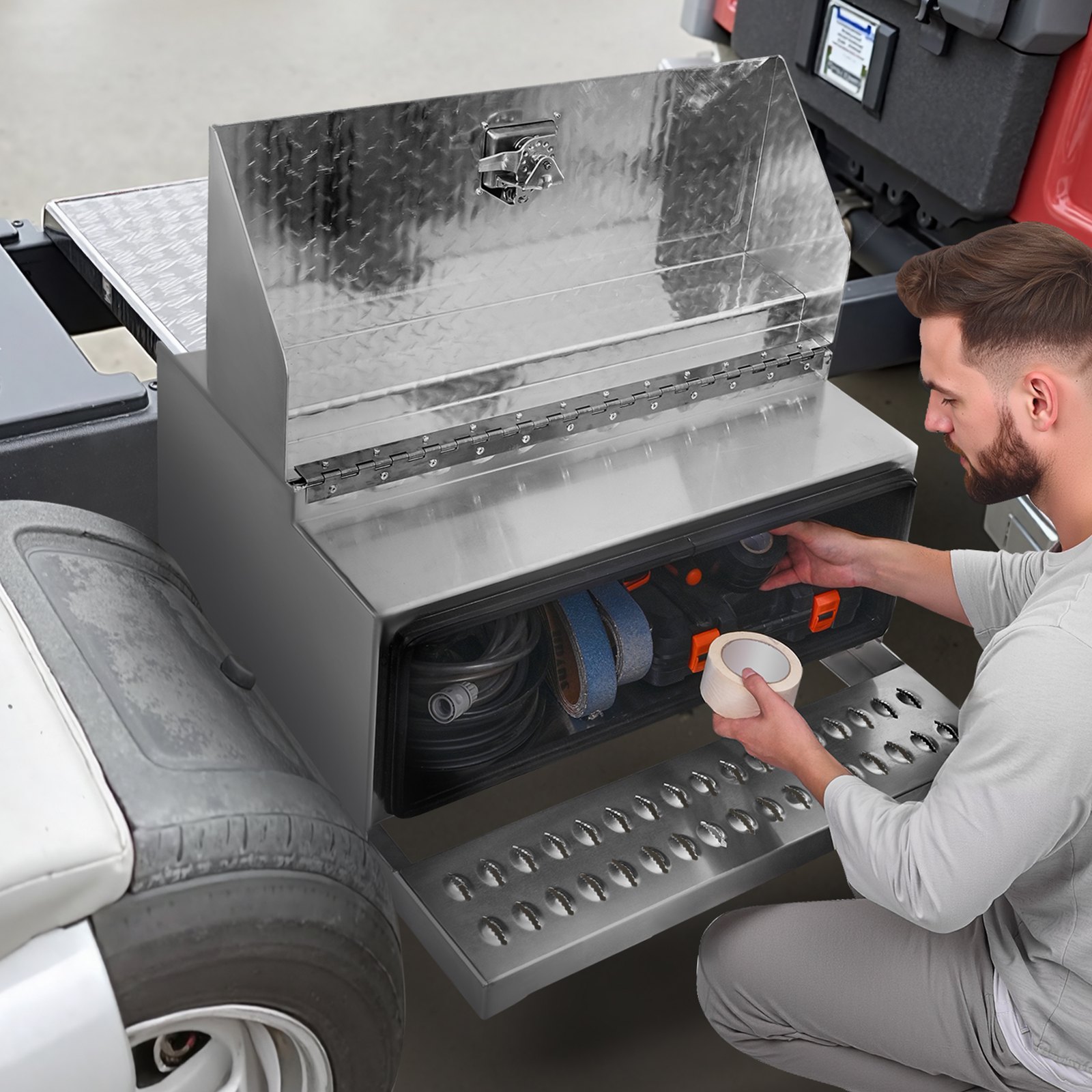 VEVOR Caja de Herramientas para Camiones con Escalón 760 x 750 x 400 mm de Aluminio Resistente, con Placa de Diamante, Pestillo Amortiguador Pasos Estables para Plataforma, Grúa, Semirremolque