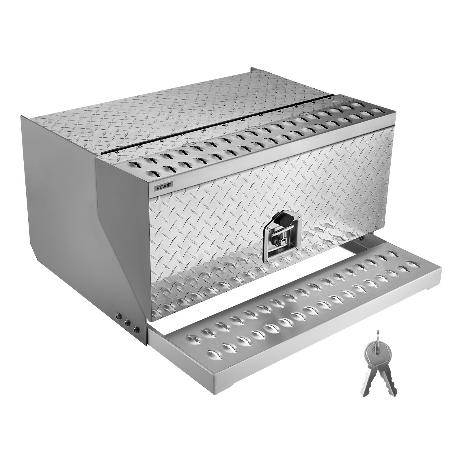 VEVOR Caja de Herramientas para Camiones con Escalón 760 x 750 x 400 mm de Aluminio Resistente, con Placa de Diamante, Pestillo Amortiguador Pasos Estables para Plataforma, Grúa, Semirremolque