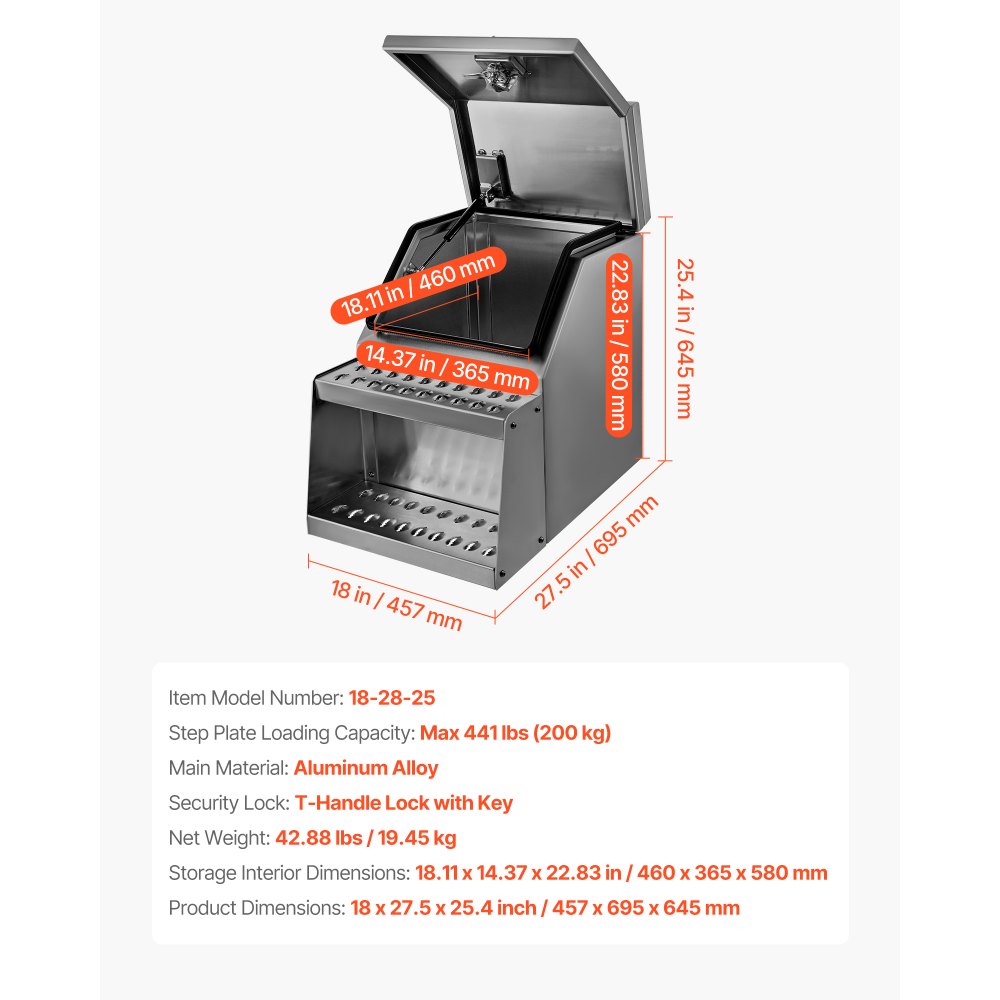 VEVOR Caja de Herramientas para Camiones con Escalón 457 x 695 x 645 mm de Aluminio Resistente, con Montaje Lateral, con Cerradura, Manija en T y Llaves para Semirremolques, Remolques de Plataforma