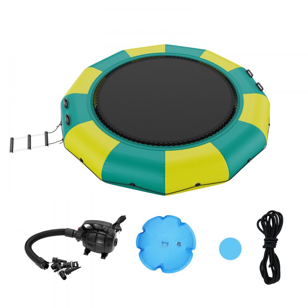 VEVOR Trampolín Inflable de Agua Trampolín Hinchable de Agua 367 x 60 cm Plataforma de Natación Portátil con Escalera y Bomba de Aire Eléctrica Rebotador Flotante para Niños, Piscina, Amarillo y Verde