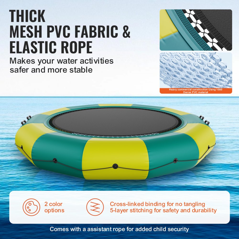 VEVOR Trampolín Inflable de Agua Trampolín Hinchable de Agua 367 x 60 cm Plataforma de Natación Portátil con Escalera y Bomba de Aire Eléctrica Rebotador Flotante para Niños, Piscina, Amarillo y Verde