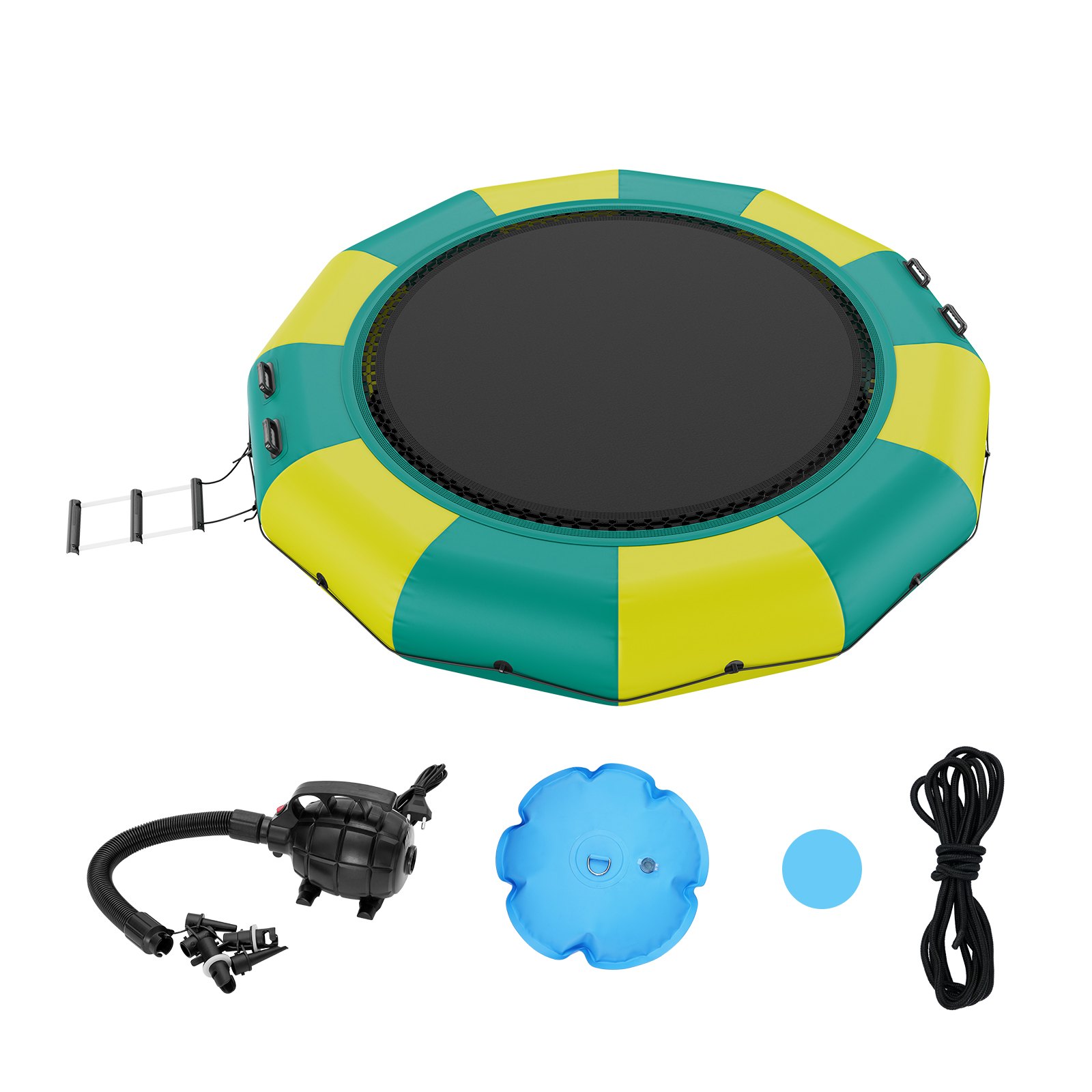 VEVOR Trampolín Inflable de Agua Trampolín Hinchable de Agua 367 x 60 cm Plataforma de Natación Portátil con Escalera y Bomba de Aire Eléctrica Rebotador Flotante para Niños, Piscina, Amarillo y Verde