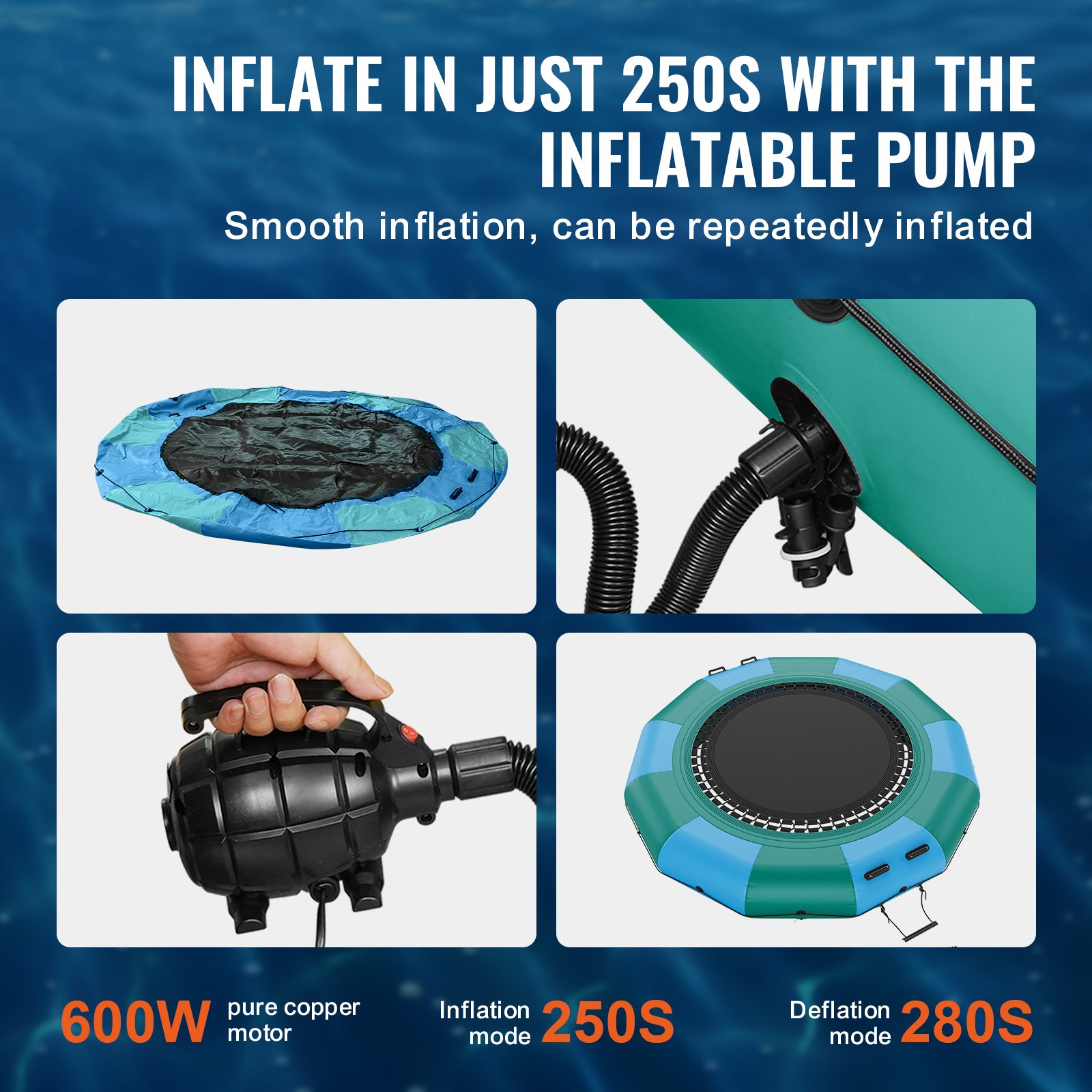 VEVOR Trampolín Inflable de Agua Trampolín Hinchable de Agua 367 x 60 cm Plataforma de Natación Portátil con Escalera y Bomba de Aire Eléctrica Rebotador Flotante para Niños, Piscina, Azul y Verde