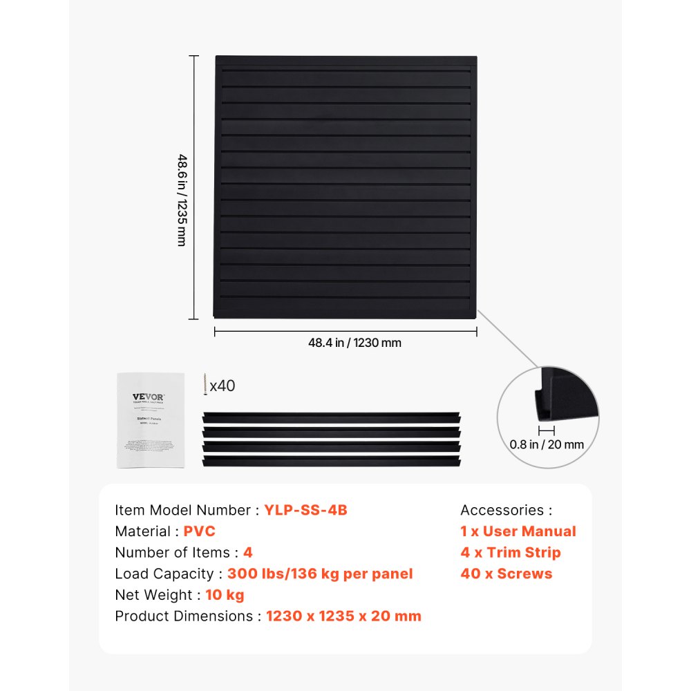 VEVOR Paneles de Pared de Listones 1230 x 1235 x 20 mm, Panel de Listones de Garaje de PVC Diseño Modular con Estructura de Acoplamiento y Corte de Bricolaje para Almacenamiento y Exhibición, Negro