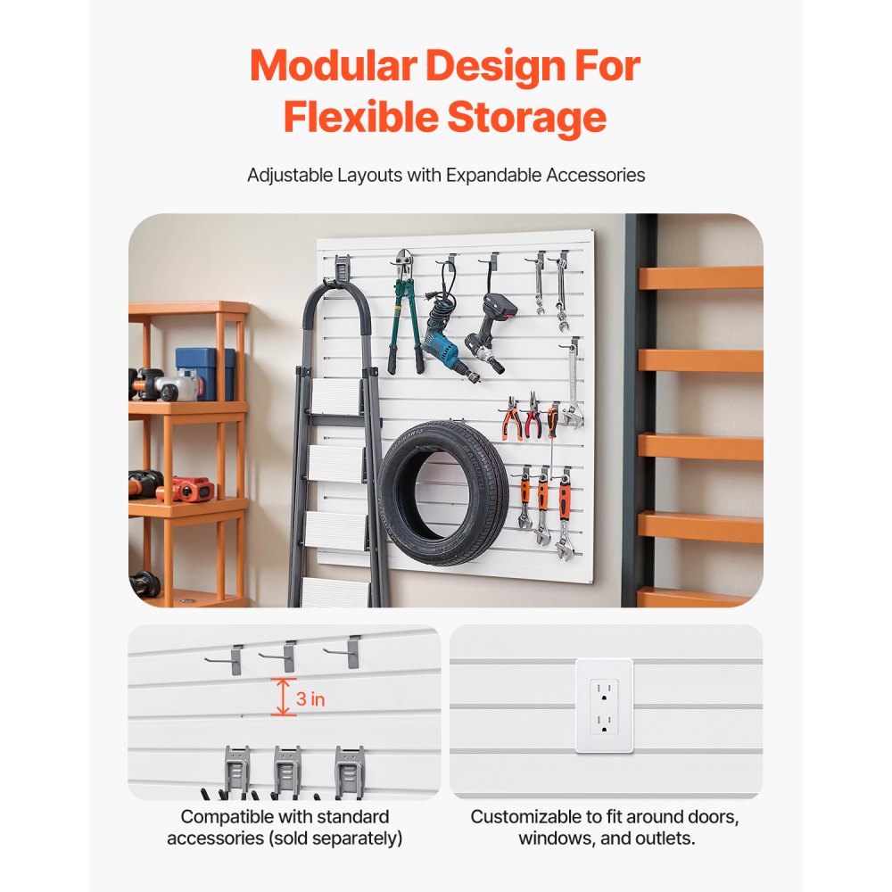 VEVOR Paneles de Pared de Listones 1230 x 1235 x 20 mm, Panel de Listones de Garaje de PVC Diseño Modular con Estructura de Acoplamiento y Corte de Bricolaje para Almacenamiento y Exhibición, Blanco