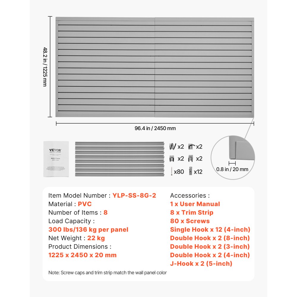 VEVOR Paneles de Pared de Listones de PVC 1225 x 2450 x 20 mm para Garaje con Accesorios, Panel de Listones Ajustable con Estructura de Acoplamiento y Corte para Almacenamiento y Exhibición, Gris