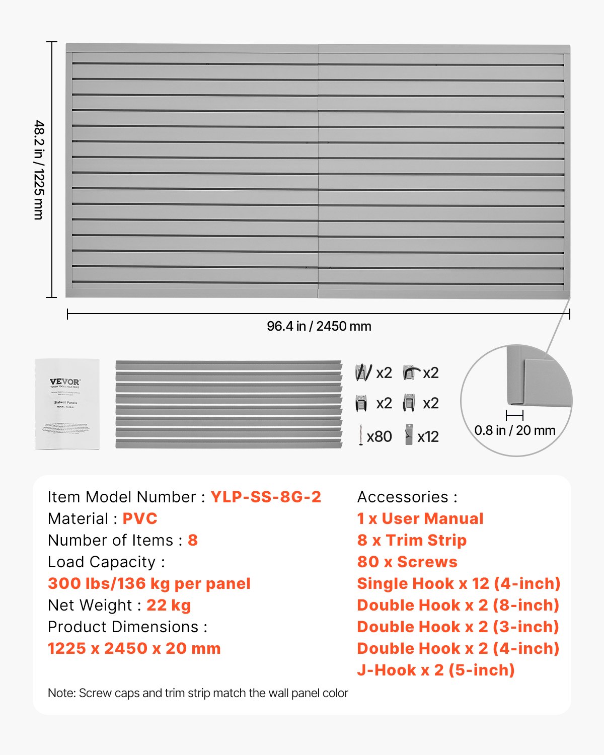 VEVOR Paneles de Pared de Listones de PVC 1225 x 2450 x 20 mm para Garaje con Accesorios, Panel de Listones Ajustable con Estructura de Acoplamiento y Corte para Almacenamiento y Exhibición, Gris