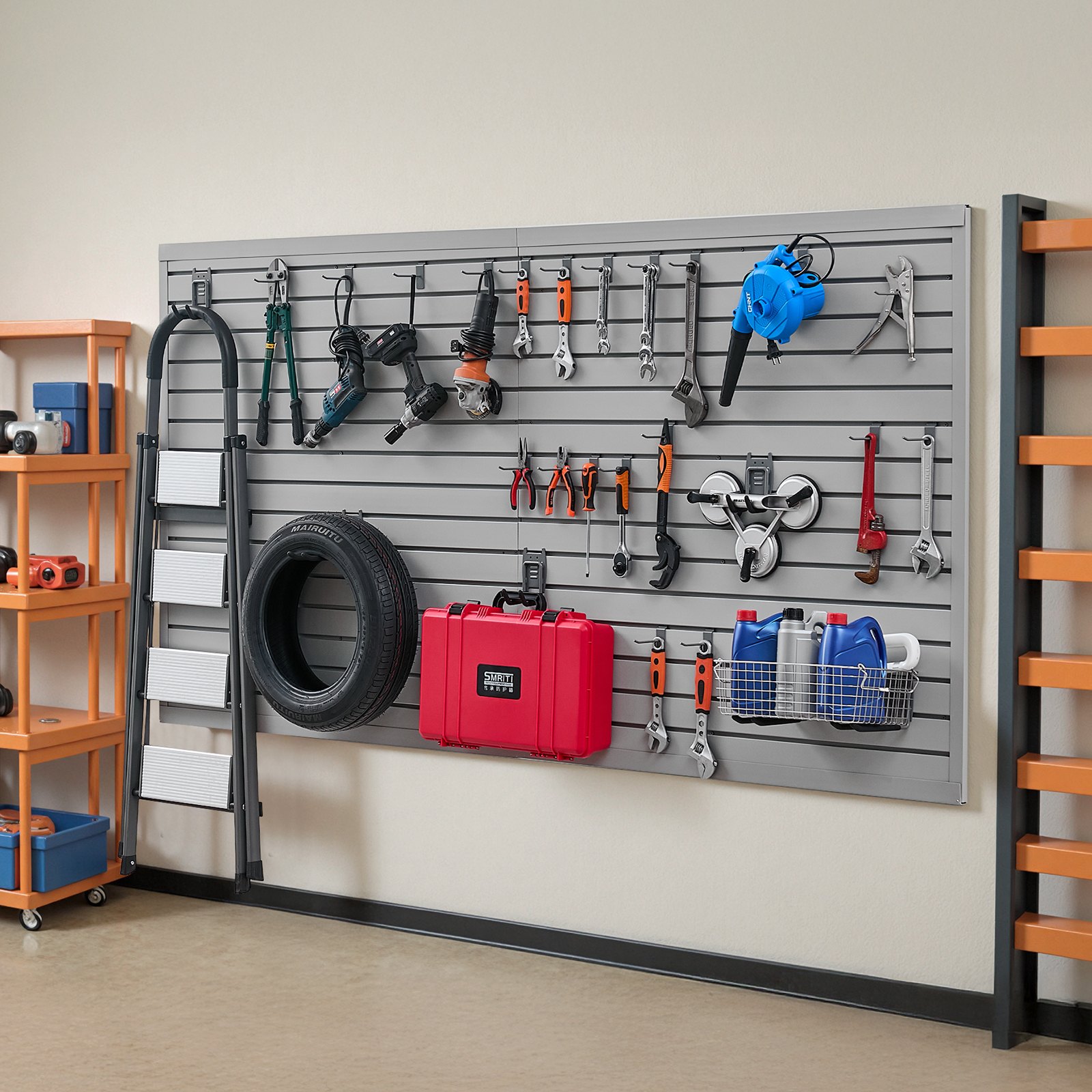 VEVOR Paneles de Pared de Listones de PVC 1225 x 2450 x 20 mm para Garaje con Accesorios, Panel de Listones Ajustable con Estructura de Acoplamiento y Corte para Almacenamiento y Exhibición, Gris