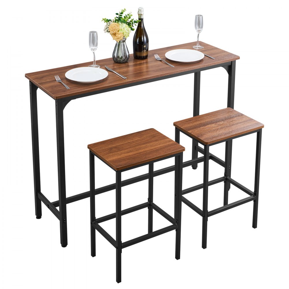VEVOR Mesa de Bar Rectangular con 2 Taburetes 120 x 40 x 90 cm, Juego de Mesa Alta para Comedor, Metálica Fuerte Duradera, Estilo Industrial, para Cocina, Salón, Bar Estrecho, Barra Alta y Desayuno