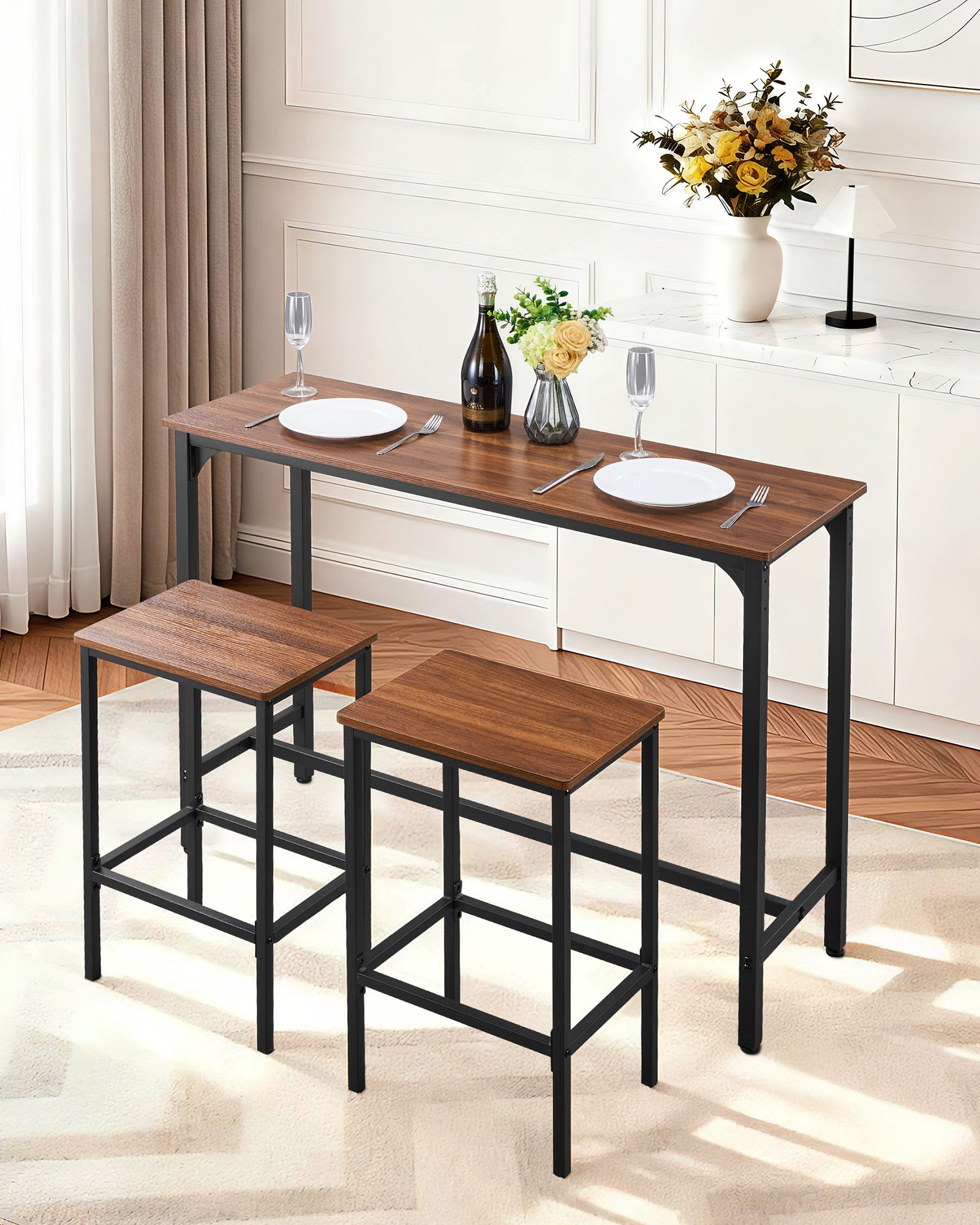 VEVOR Mesa de Bar Rectangular con 2 Taburetes 120 x 40 x 90 cm, Juego de Mesa Alta para Comedor, Metálica Fuerte Duradera, Estilo Industrial, para Cocina, Salón, Bar Estrecho, Barra Alta y Desayuno