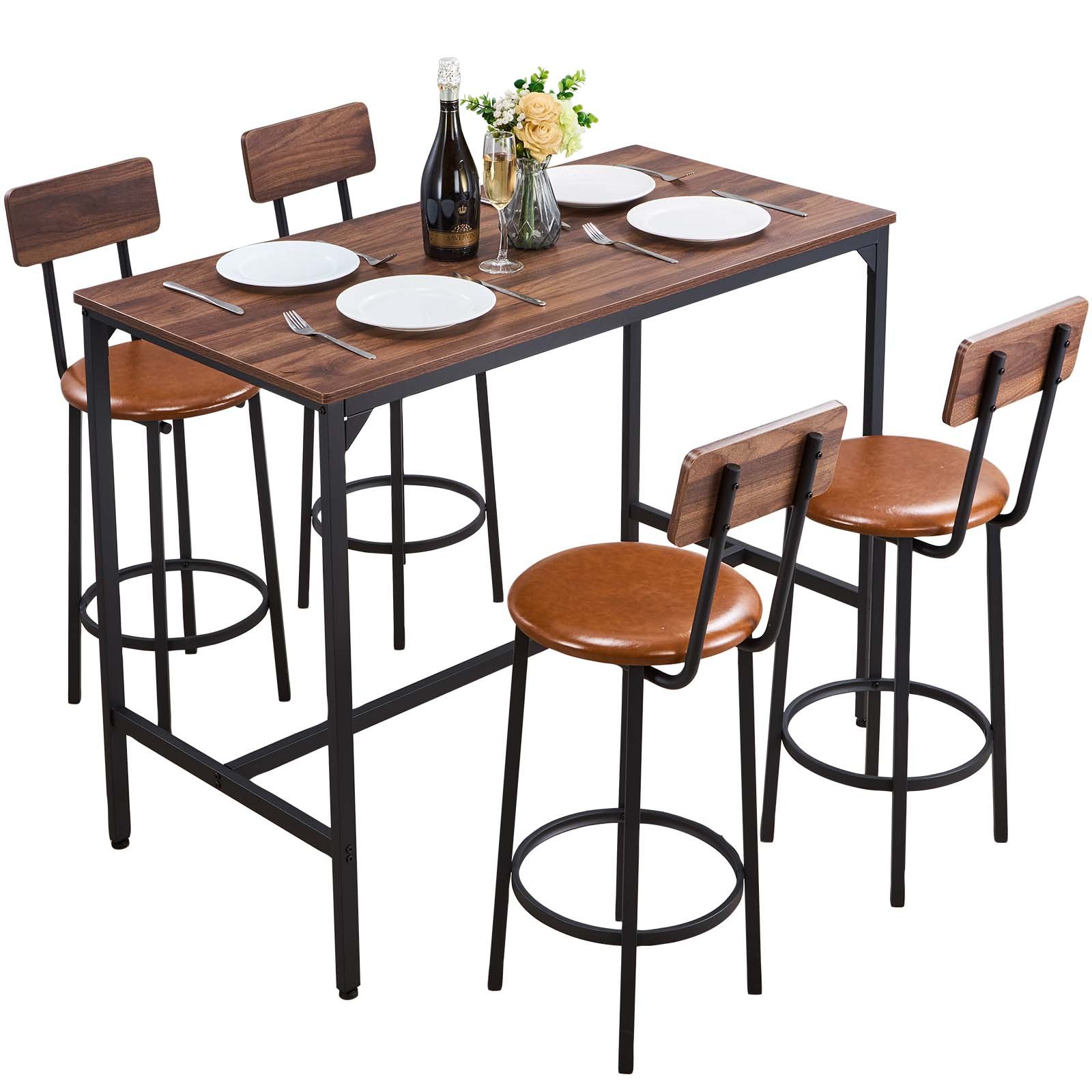 VEVOR Mesa de Bar Rectangular con 4 Taburetes 120 x 60 x 91,5 cm, Juego de Mesa Alta para Comedor, Metálica Fuerte Duradera, Estilo Industrial, para Cocina, Salón, Bar Estrecho, Barra Alta, Desayuno