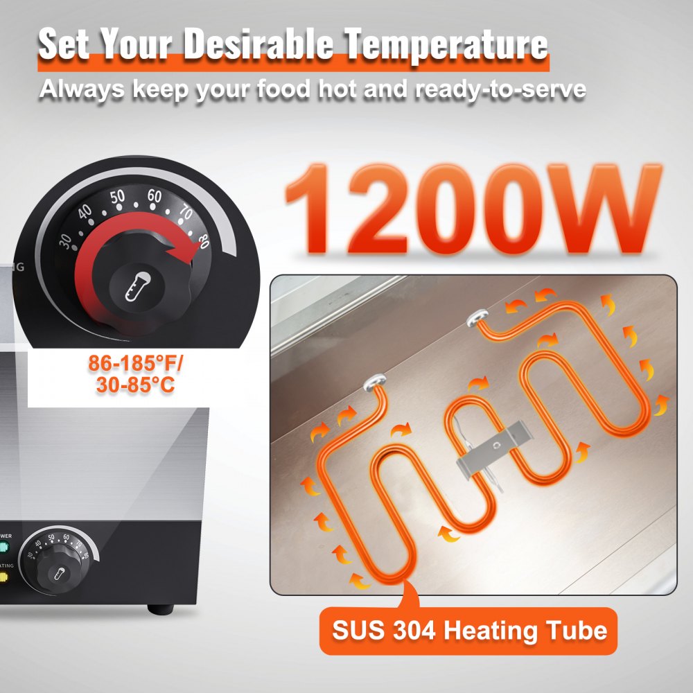 VEVOR Calentador de Comida Comercial 24QT Baño María 1200W Calentador Eléctrico Calentador de Sopa Estufa de Vapor Encimera de Acero Inoxidable Recipiente con Control de Temperatura para Fiesta Bufé