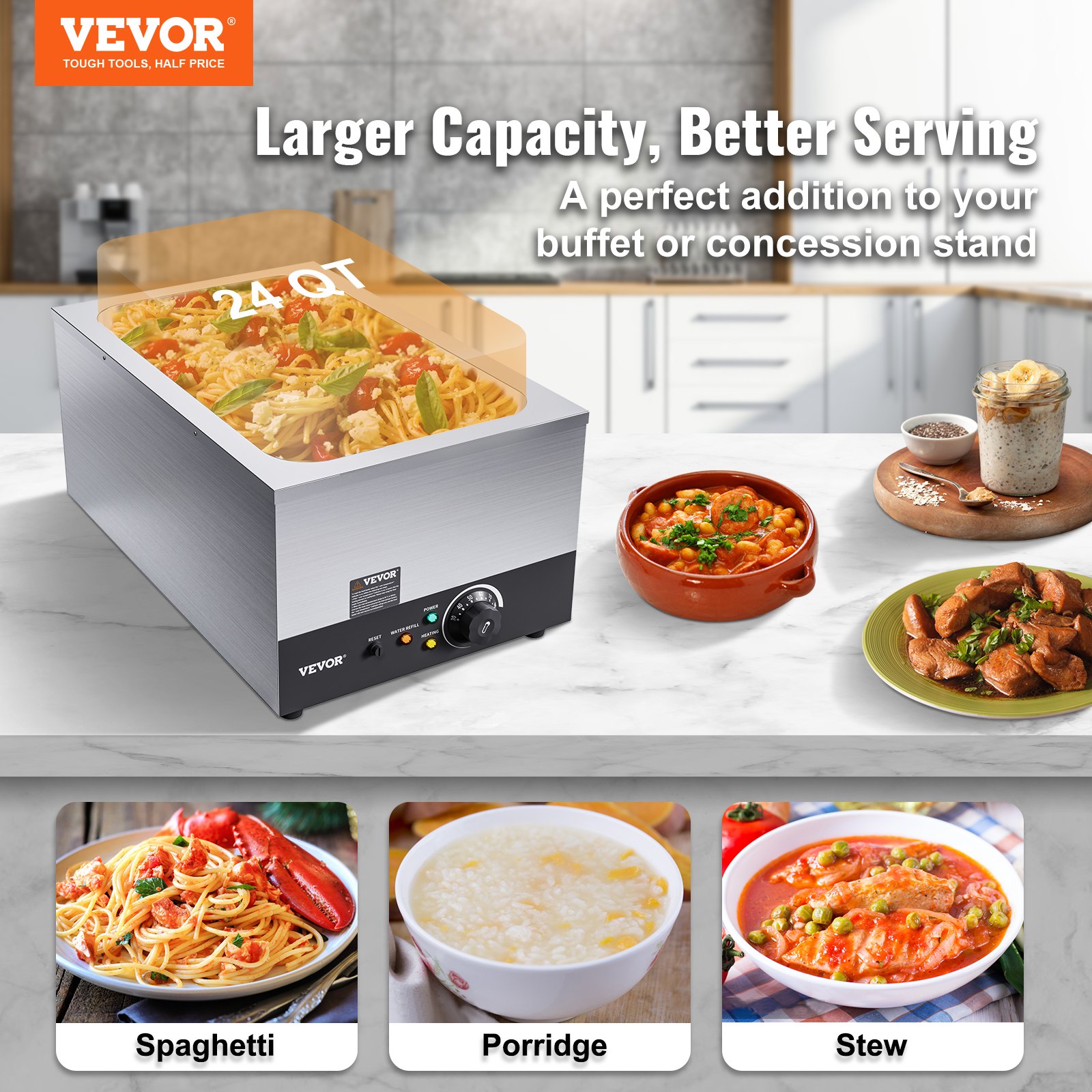 VEVOR Calentador de Comida Comercial 24QT Baño María 1200W Calentador Eléctrico Calentador de Sopa Estufa de Vapor Encimera de Acero Inoxidable Recipiente con Control de Temperatura para Fiesta Bufé
