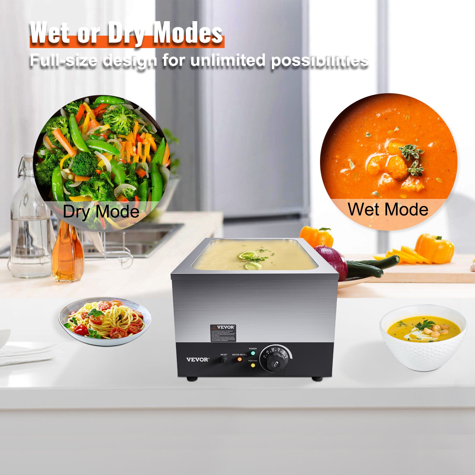 VEVOR Calentador de Comida Comercial 24QT Baño María 1200W Calentador Eléctrico Calentador de Sopa Estufa de Vapor Encimera de Acero Inoxidable Recipiente con Control de Temperatura para Fiesta Bufé