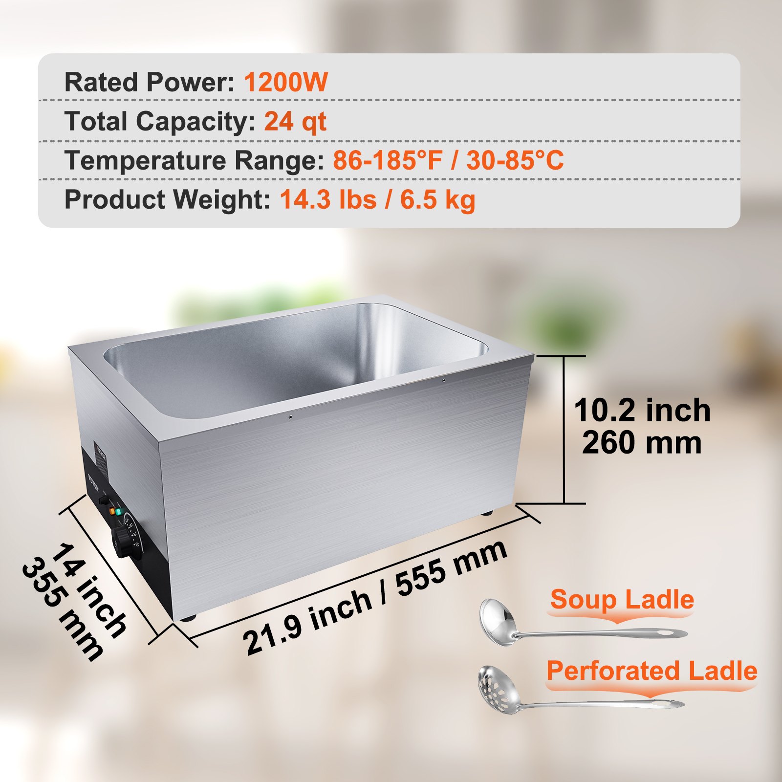 VEVOR Calentador de Comida Comercial 24QT Baño María 1200W Calentador Eléctrico Calentador de Sopa Estufa de Vapor Encimera de Acero Inoxidable Recipiente con Control de Temperatura para Fiesta Bufé
