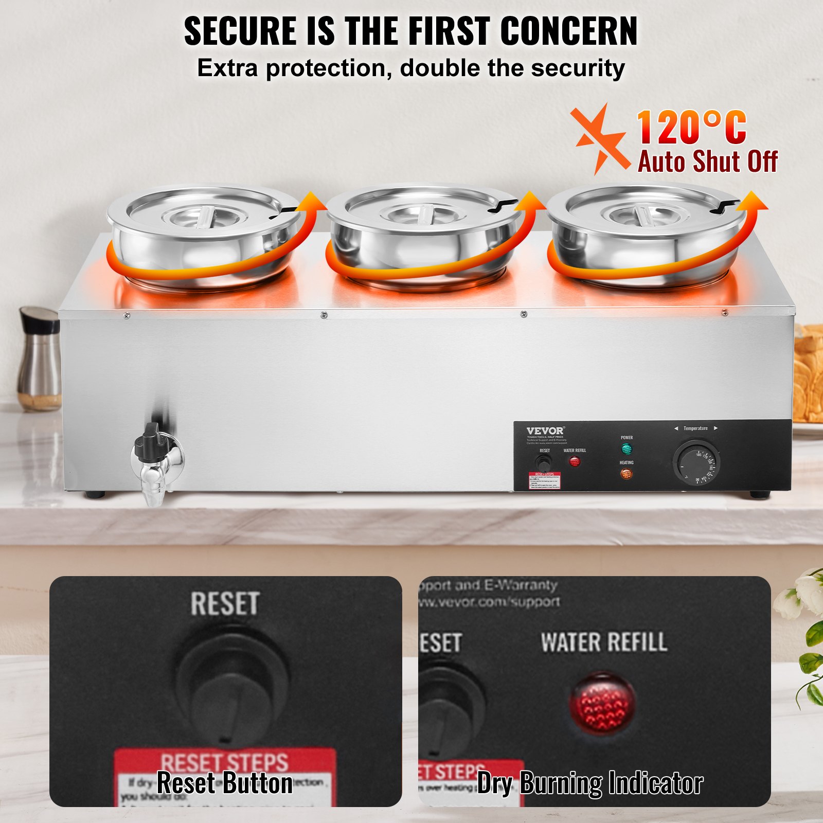 VEVOR Calentador de Sopa Eléctrico 3 x 7,4 cuartos Calentador de Alimentos Comercial 1200 W Temperatura Ajustable 30-85 °C con Protección contra Quemaduras en Seco y Botón de Reinicio para Buffet