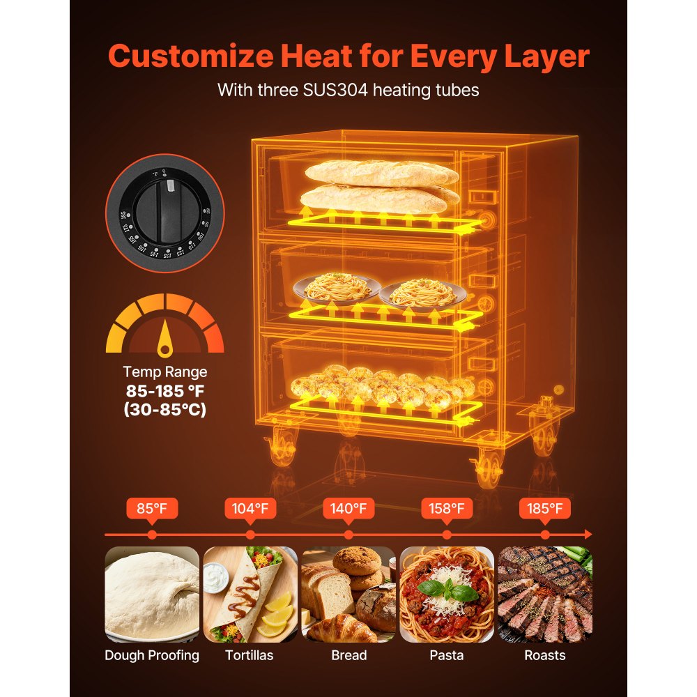 VEVOR Calentador de Cajones Eléctrico, de Acero Inoxidable, con 3 Cajones, Amplio Rango de Temperatura 30-85 °C, para Restaurantes, Bufés de Hoteles y Panaderías, 740 x 595 x 900 mm, Color Plata