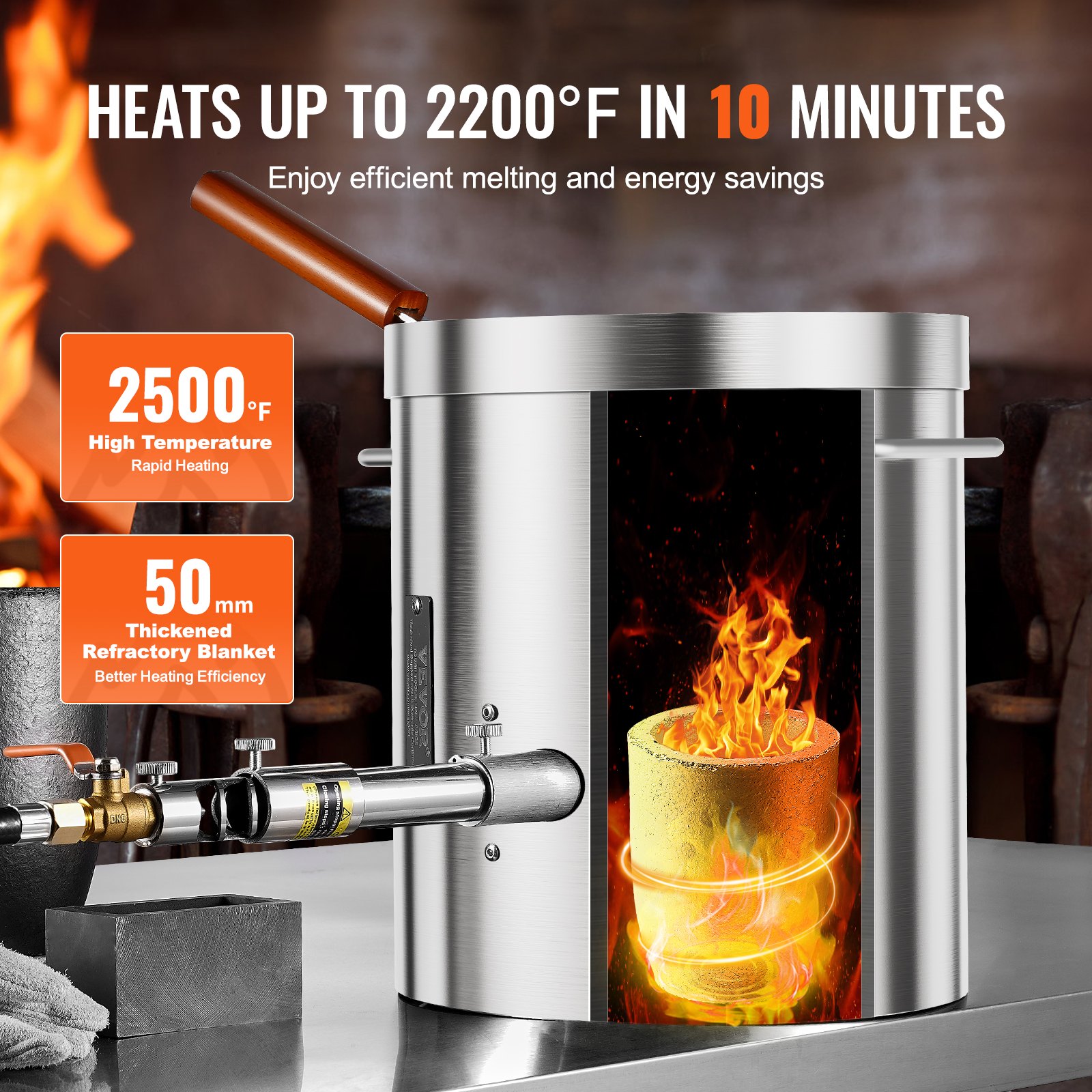 VEVOR Horno de Fusión de Propano Kit de Horno de Fusión de Metales a Gas 8 kg Horno de Fundición para Hogar con Crisoles y Pinzas, Mango de Madera para Reciclaje de Aluminio, Cobre, Plata, Oro