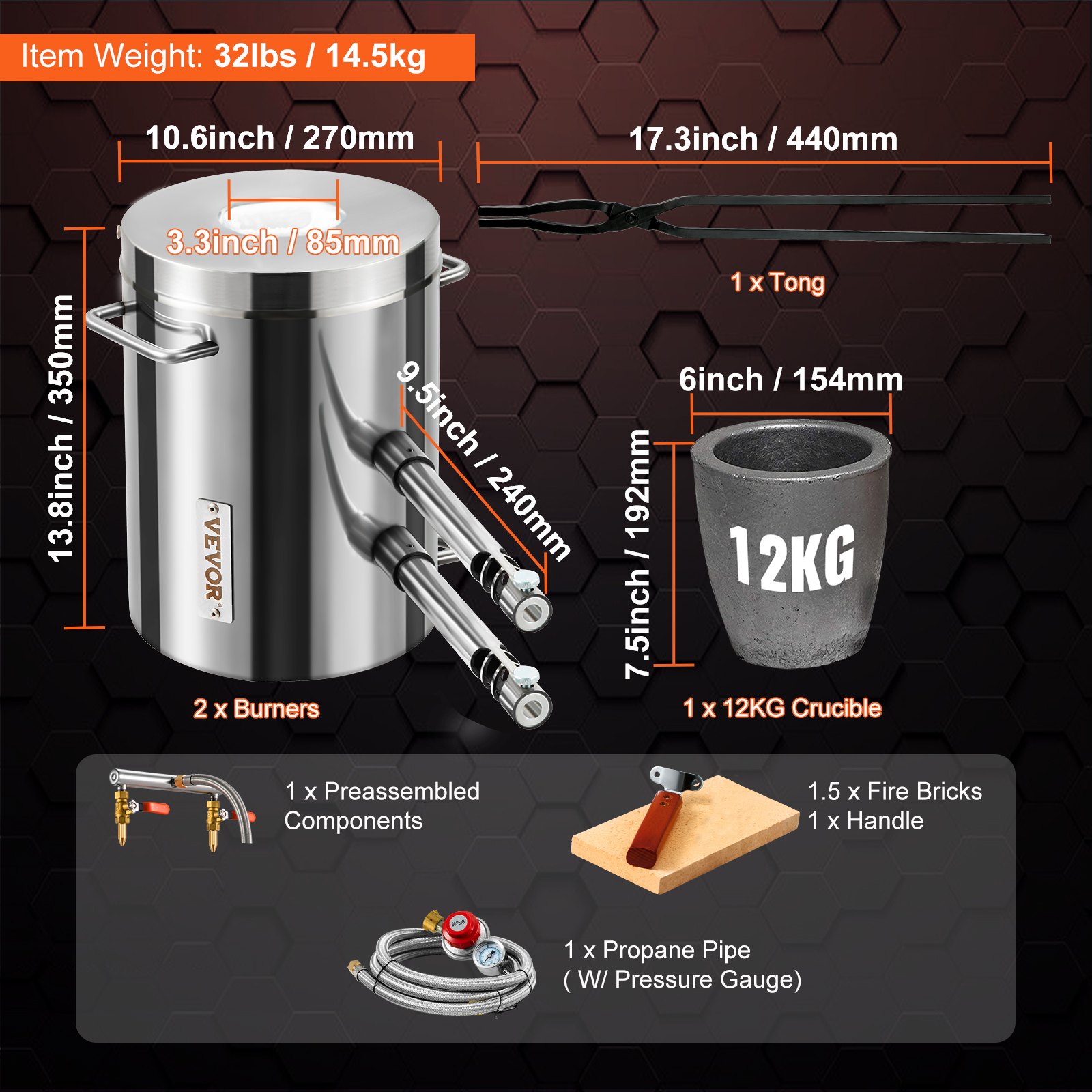 VEVOR Forja de Propano de Acero Inoxidable 12 KG Kit de Horno de Fusión de Metales Temperatura Máxima de 1482 °C Horno de Fundición de Propano 30 PSI Juego de Forja para Cobre, Aluminio, Oro, Plata