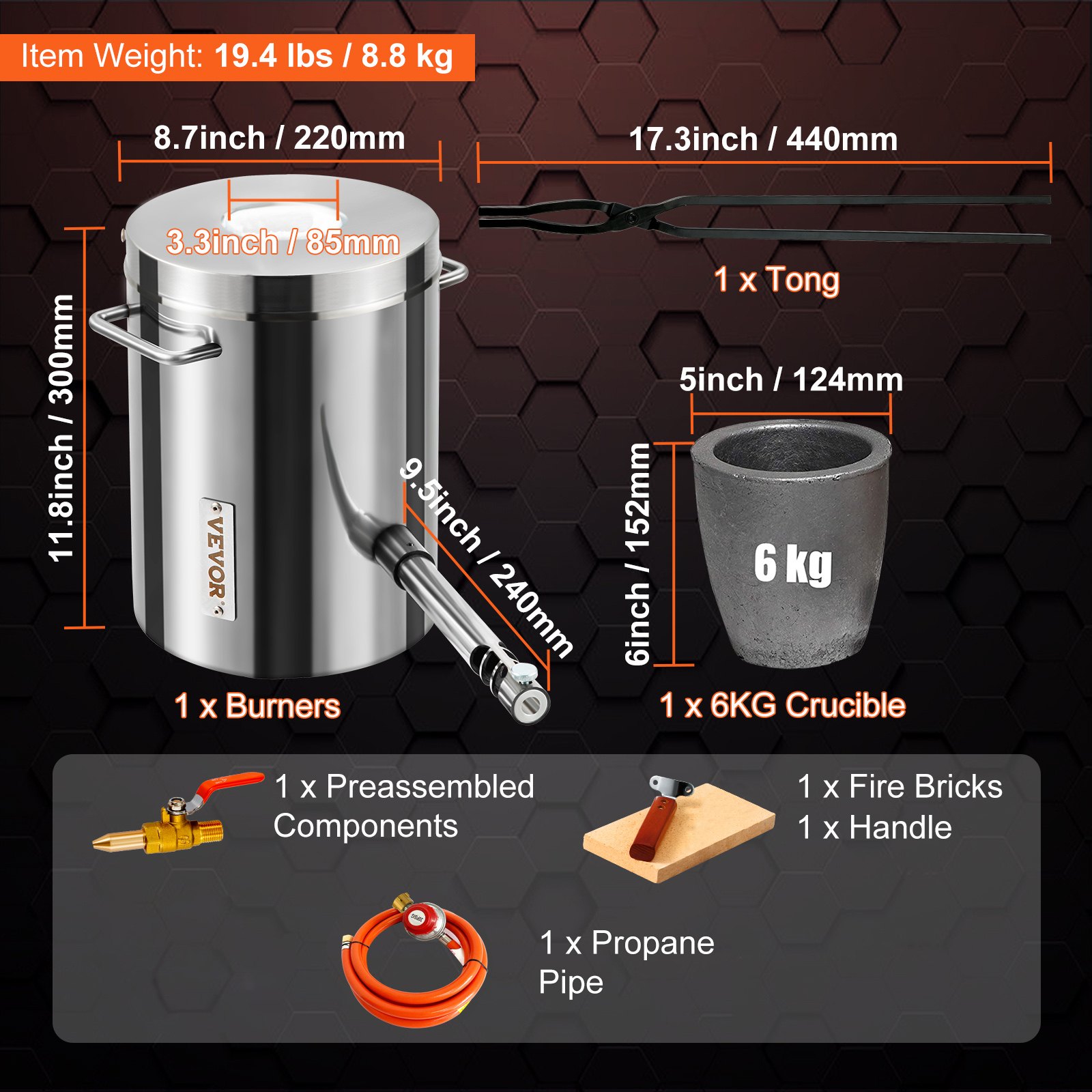 VEVOR Forja de Propano de Acero Inoxidable 6 KG Kit de Horno de Fusión de Metales Temperatura Máxima de 1482 °C Horno de Fundición de Propano 30 PSI Juego de Forja para Cobre, Aluminio, Oro, Plata