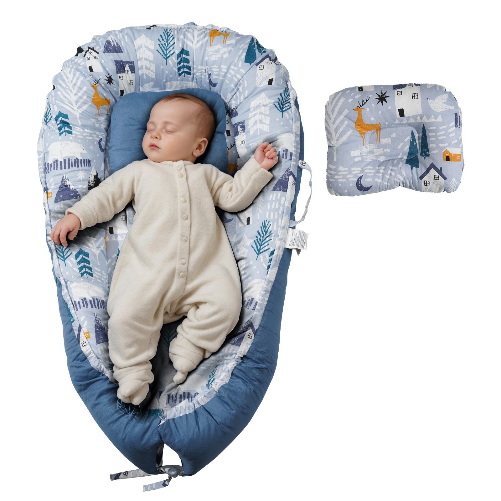 VEVOR Cama Nido para Bebé, Almohada para Cama Infantil, 100 % Algodón, Suave, con Reposacabezas y 2 Fundas de Doble Cara, con Bolsa de Transporte para el Hogar y para Viajes, 900 x 500 x 140 mm