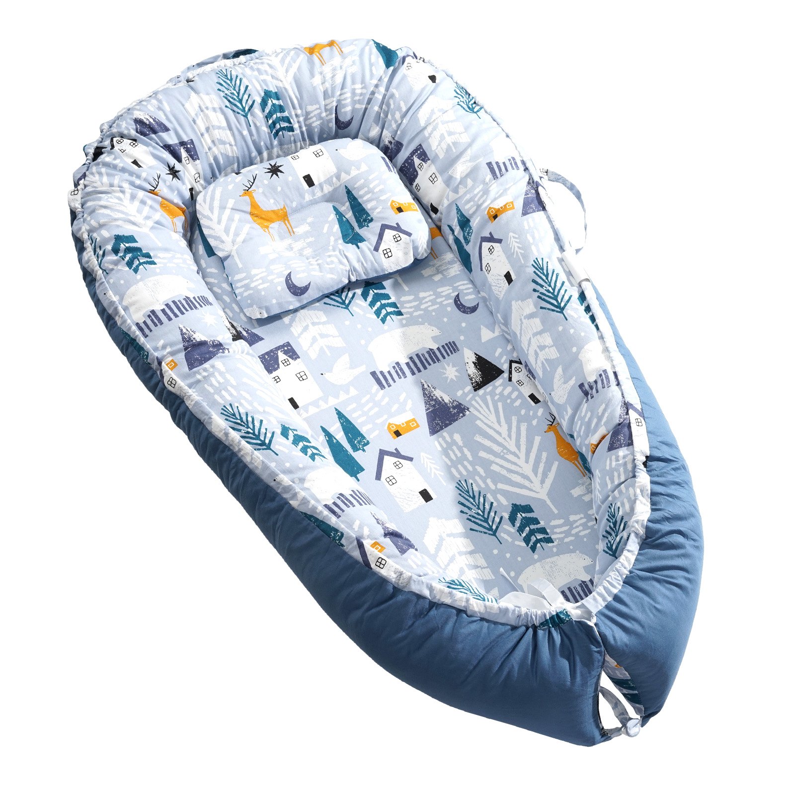 VEVOR Cama Nido para Bebé, Almohada para Cama Infantil, 100 % Algodón, Suave, con Reposacabezas y 2 Fundas de Doble Cara, con Bolsa de Transporte para el Hogar y para Viajes, 900 x 500 x 140 mm