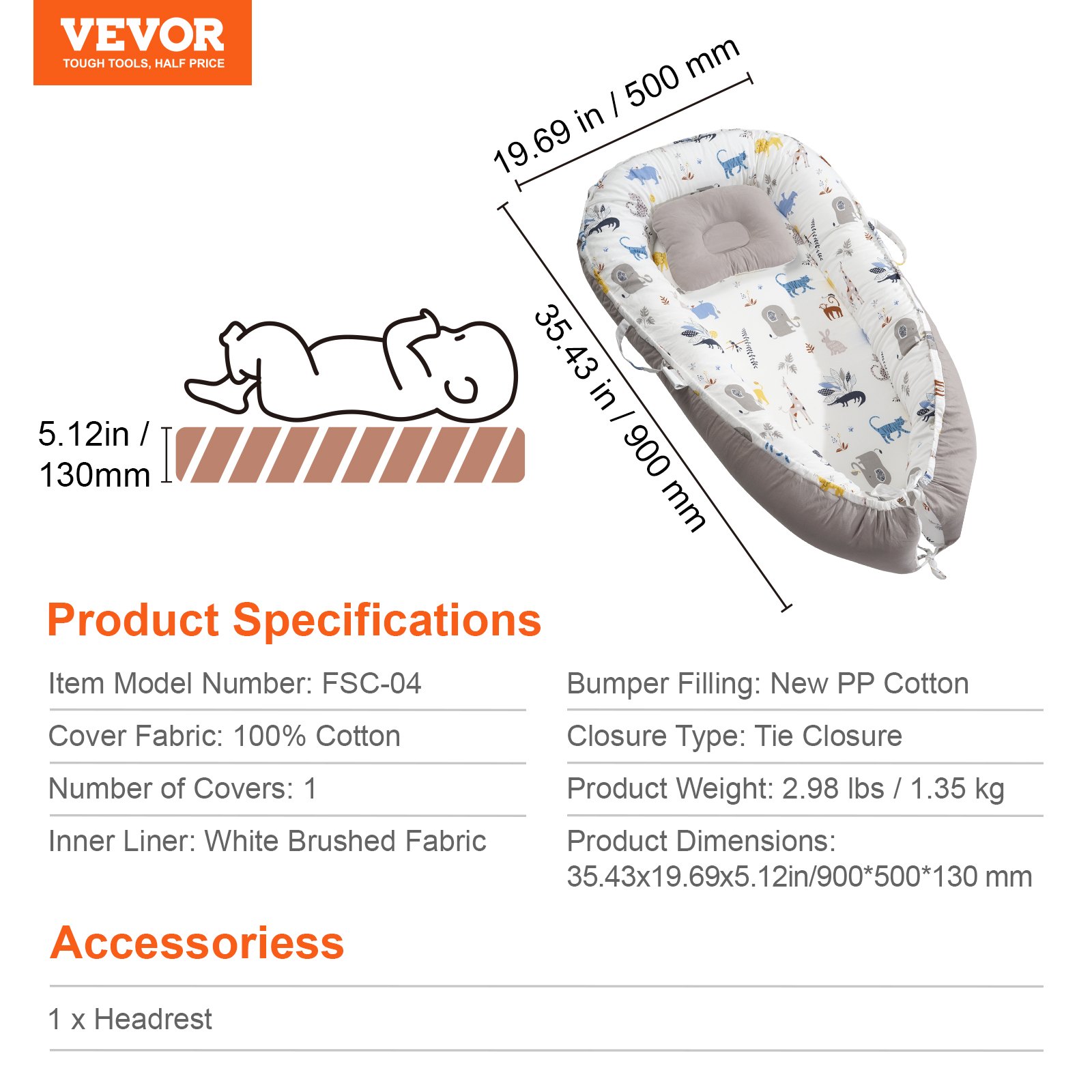 VEVOR Almohada para Tumbonas para Recién Nacidos, 100 % Algodón, Suave, con Reposacabezas, Funda de Doble Cara y Lavable a Máquina, Asiento de Suelo Portátil, para Casa y Viajes, 900 x 500 x 130 mm