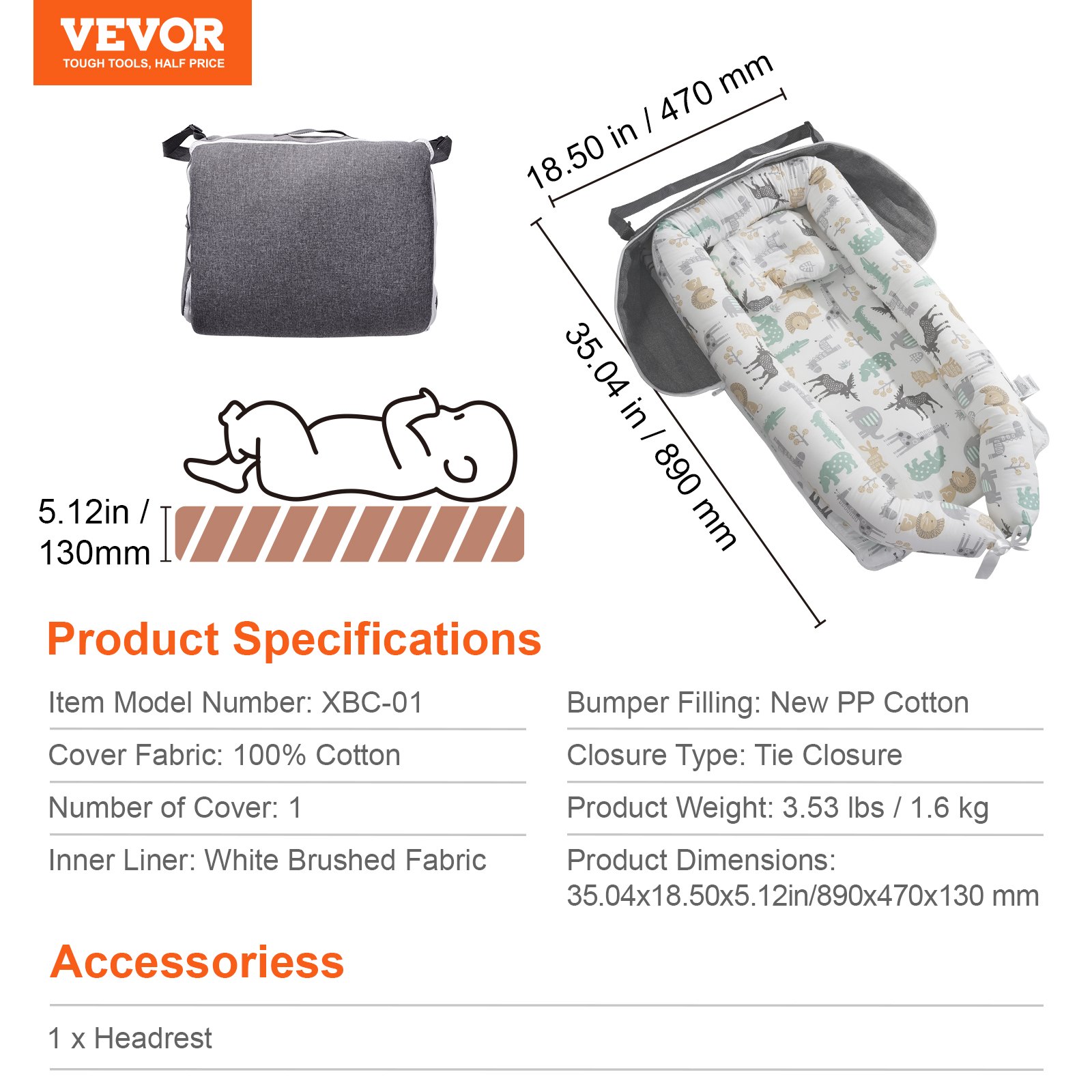 VEVOR Cama Nido para Bebé, 100 % Algodón, Transpirable y Suave, con Reposacabezas, Funda de Doble Cara y Lavable, Asiento de Suelo Portátil para Recién Nacidos, para Casa y Viajes, 890 x 470 x 130 mm